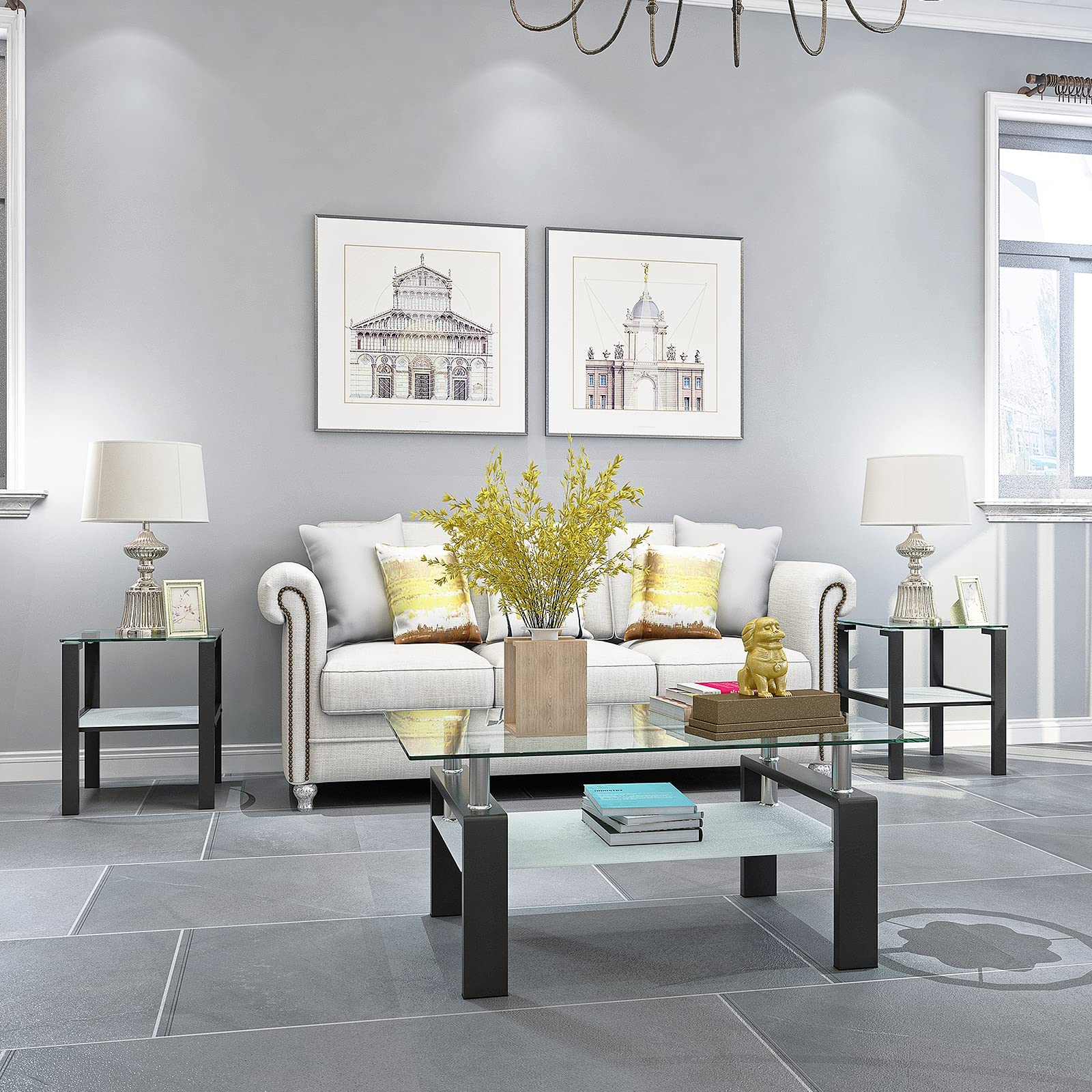 3-Piece Glass Coffee Table Set with Black Metal Legs & Clear Tempered Glass - Modern Living Room Furniture for Home Decor, Office, Lounge & Entertainment Spaces