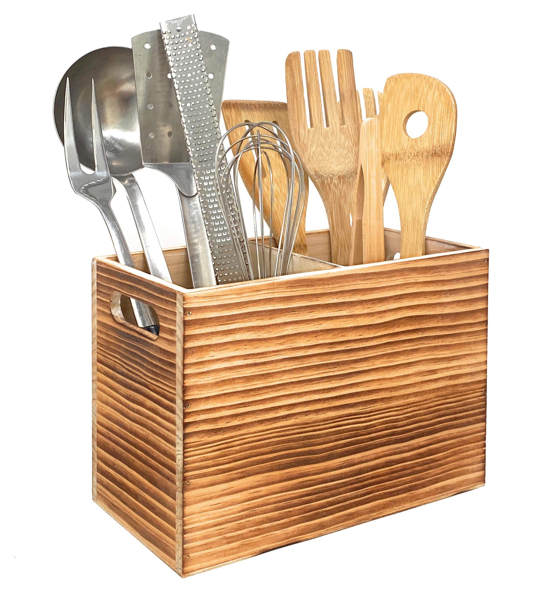 Farmhouse Style Wooden Kitchen Utensil Holder - 2 Compartment Countertop Organizer for Spatulas, Spoons & Cooking Tools - Rustic Kitchen Decor for Counter, Stove or Dining Table Storage