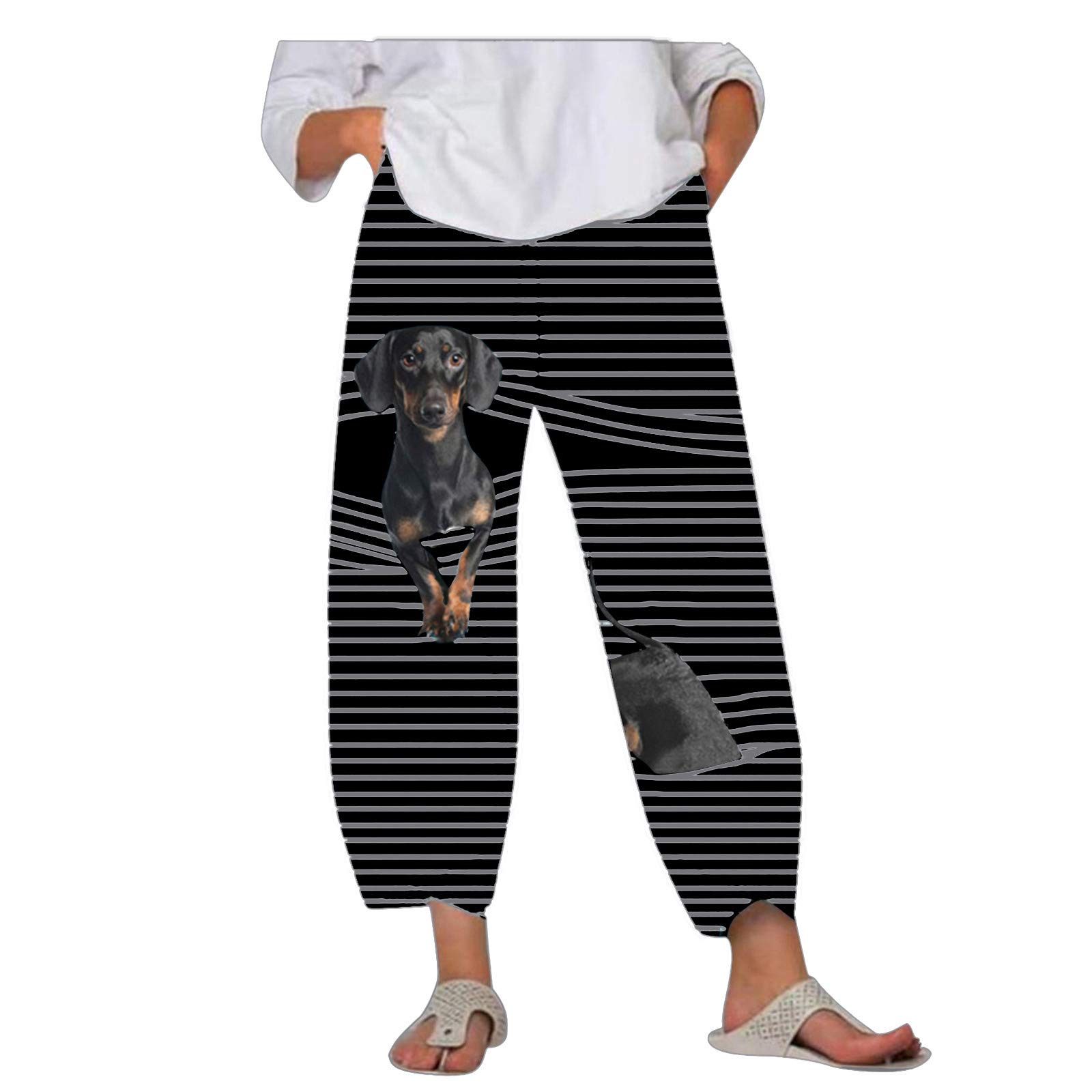Women's Elastic Waist Black Cat Dog Elephant Striped Pocket Joggers - Soft Loose Lounge Pants with 3D Animal Graphic Print | Perfect for Yoga, Running, Workout & Casual Wear