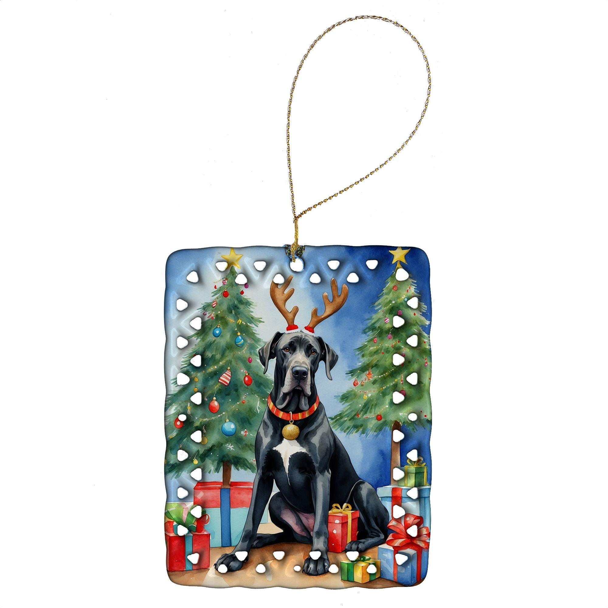 Black Great Dane Christmas Reindeer Porcelain Ornament - Handcrafted Holiday Tree Hanging Decor for Home, Festive Rectangle Gift in Multicolor - Perfect for Christmas Tree Decorating, Gift Exchanges & Holiday Home Décor