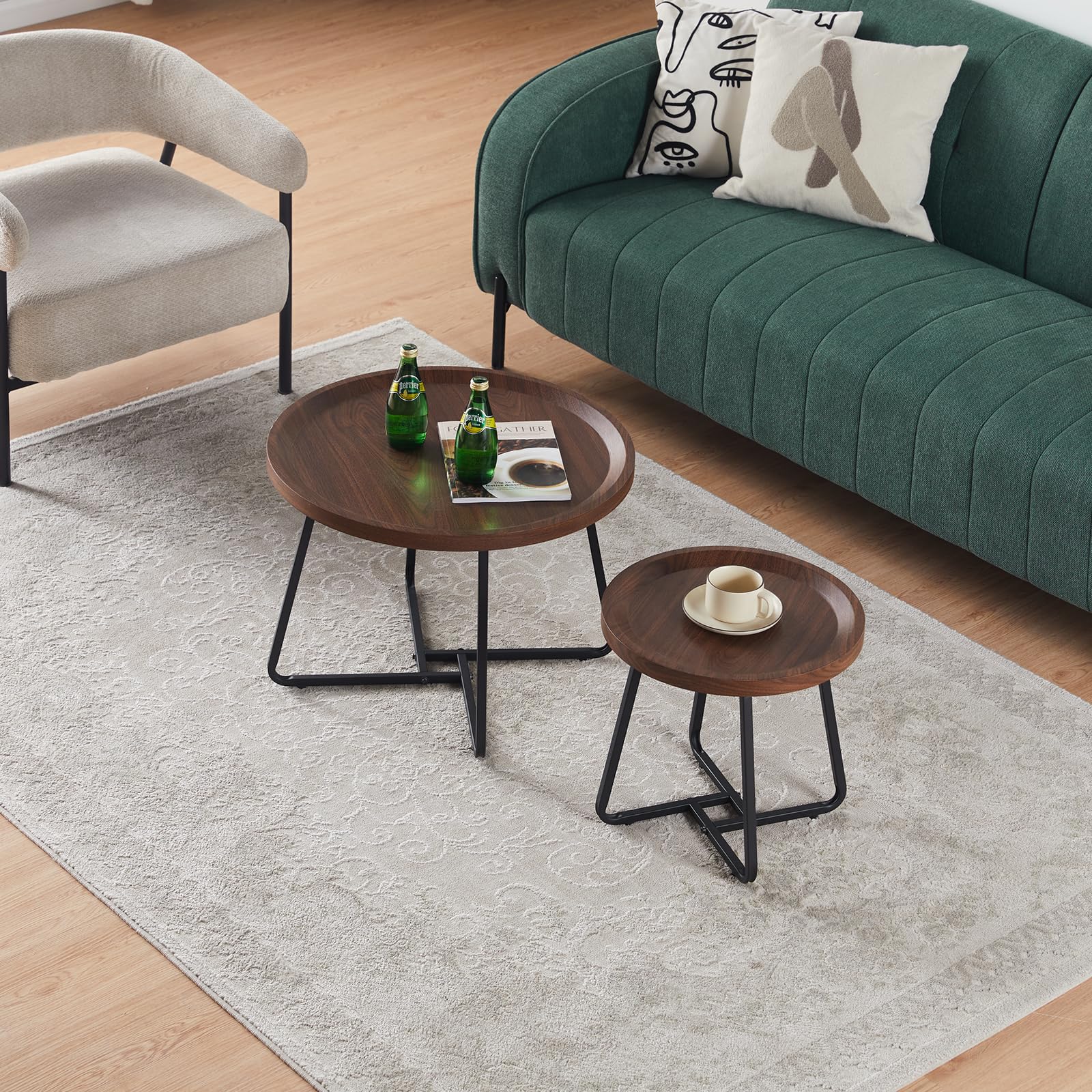 TUKAILAi 2-Piece Round Nesting Coffee Table Set - Walnut Finish with Metal Legs & Adjustable Foot Pads, Circular End Tables with Raised Edge Design for Living Room, Bedroom, Lounge - Perfect for Small Spaces & Modern Home Decor (Brown)