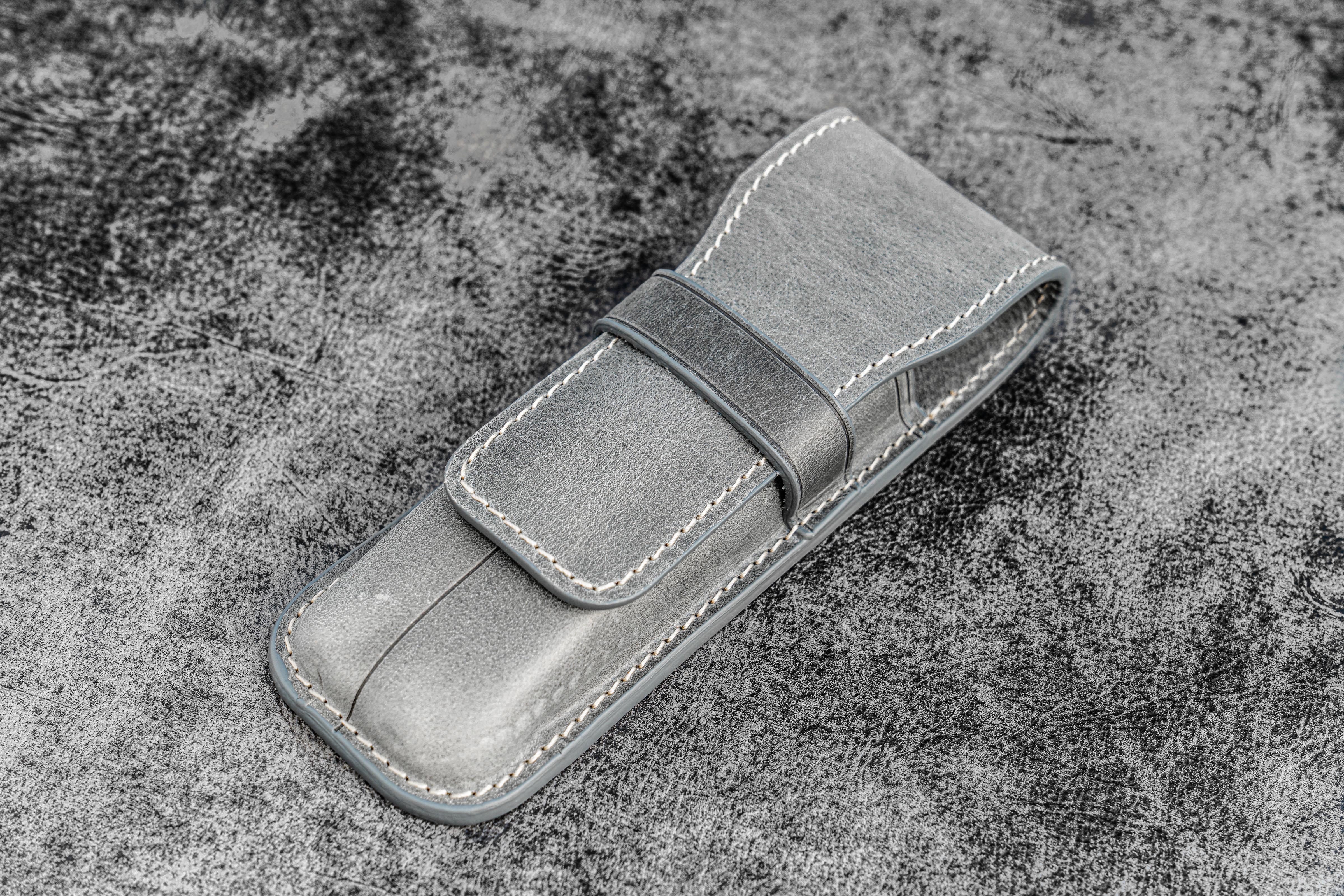 Premium Leather Flap Pen Case for Two Pens - Crazy Horse Smoky Brown - Perfect for Office, School & Travel Accessories