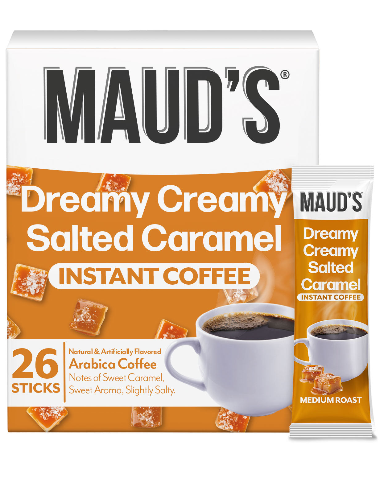 Maud's Instant Salted Caramel Flavored Coffee - Rich & Creamy Caramel Coffee Mix for Home, Office & Travel - Perfect for Breakfast, Dessert & Gifting