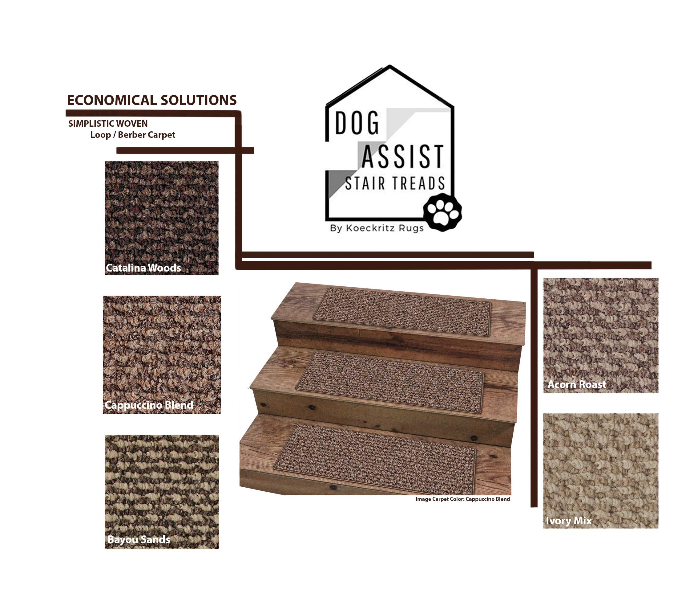 13-Piece 9x27 Inch Dog Assist Carpet Stair Tread Set - Non-Slip Pet Friendly Woven Loop/Berber Carpet for Stairs (Bayou Sands) | Perfect for Elderly Dogs & Home Safety