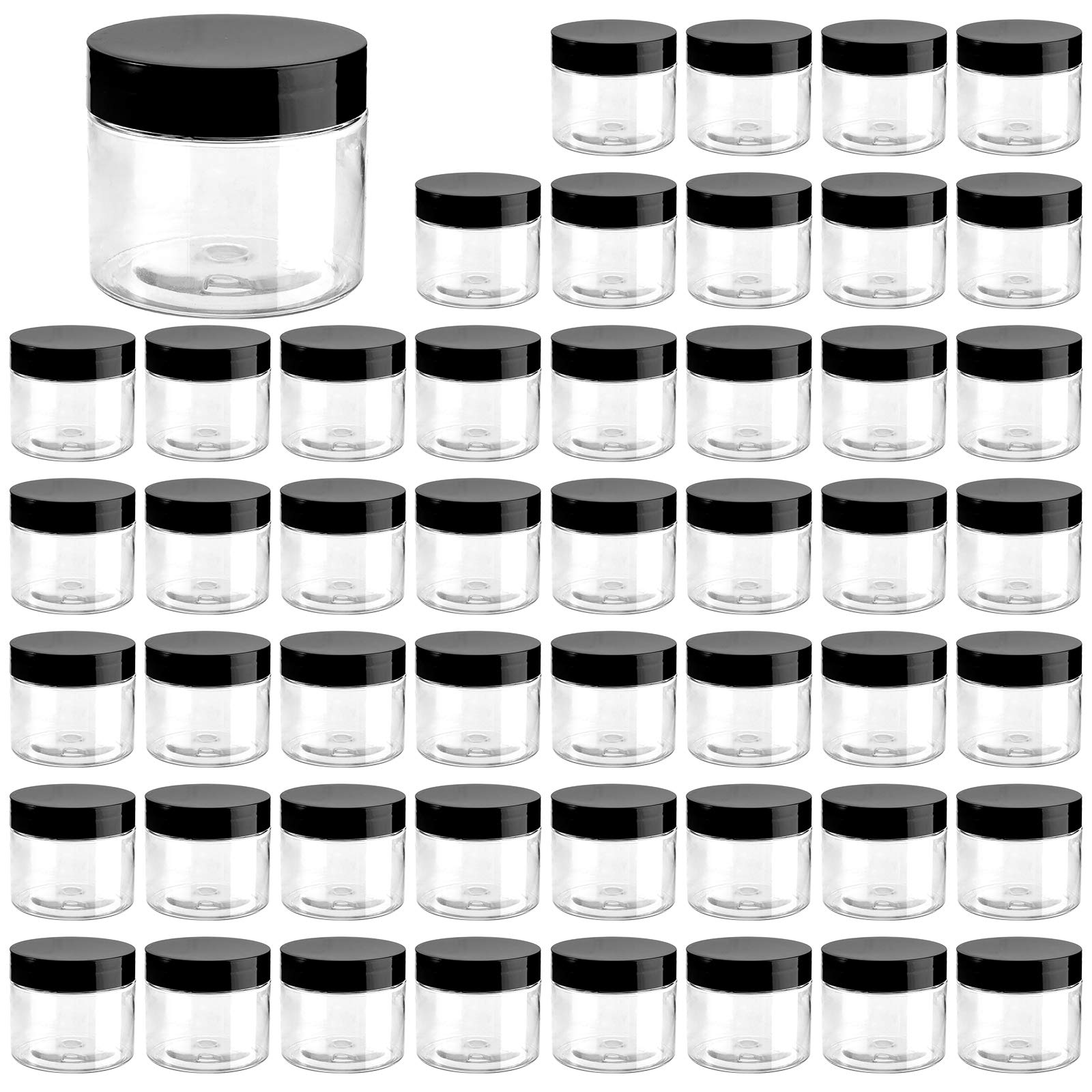 Tosnail 50 Pack 2.7 oz Clear Plastic Jars with Black Lids - Leak-Proof Round Food Safe Storage Containers for Kitchen, Beauty Products, Spices, Crafts & DIY - Ideal for Organizing Spices, Makeup, Small Items & Travel Essentials