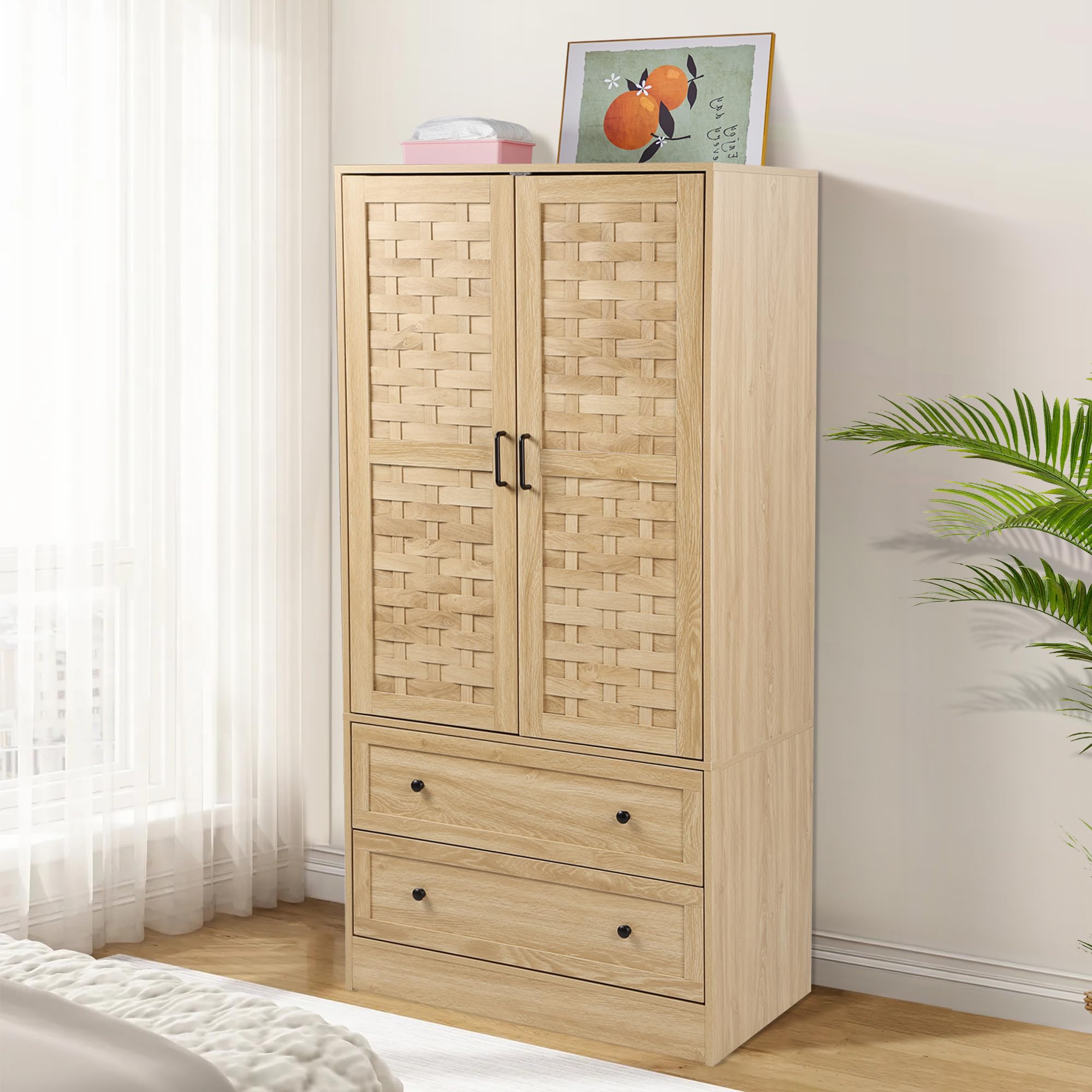 LEVNARY Wooden Armoire Wardrobe Closet - Freestanding Storage Cabinet with 2 Woven Doors, 2 Drawers & Hanging Rail for Bedroom Organization (Natural Finish) | Perfect for Small Spaces, Guest Rooms & Closet Storage Solutions