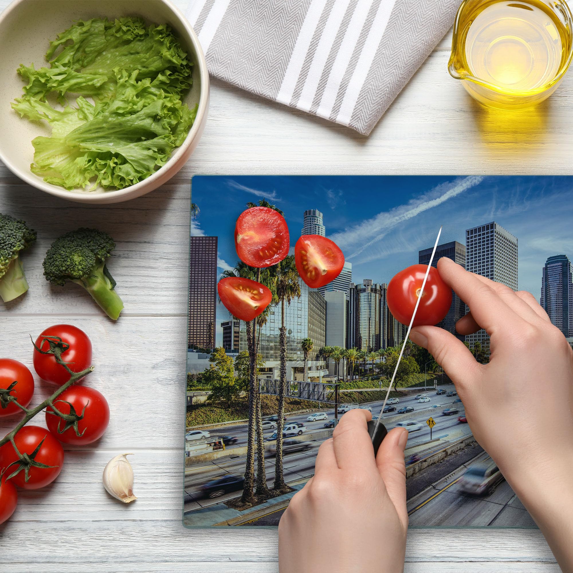 Ambesonne Tempered Glass Cutting Board - Los Angeles Cityscape Print, Large Decorative Serving Board for Kitchen & Dining, Blue Grey Green Design - Perfect for Entertaining, Gifts & Home Decor