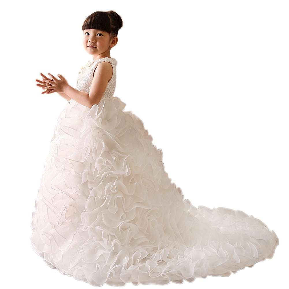 Elegant Daisy Girls Lace Organza Ruffle Tiered Party Dress - Flower Girl Ball Gown for Weddings, Birthday Parties & Special Occasions