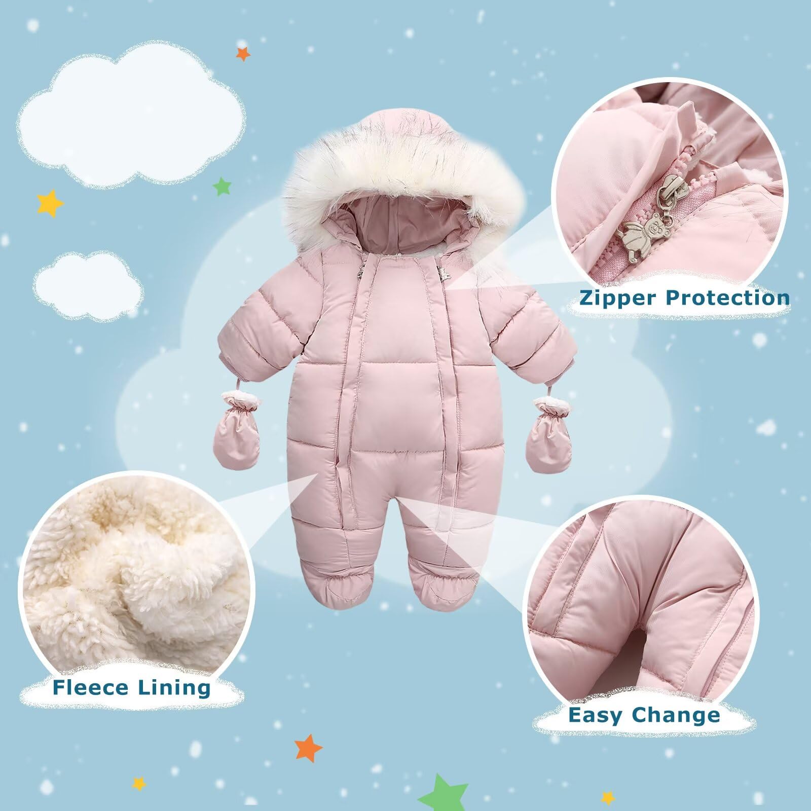 **Baby Snowsuit for Boys & Girls - Cute Hooded Down Jacket Romper with Light Puffer Padding - Warm Winter Jumpsuit for Infants - Perfect for Outdoor Play & Cold Weather**