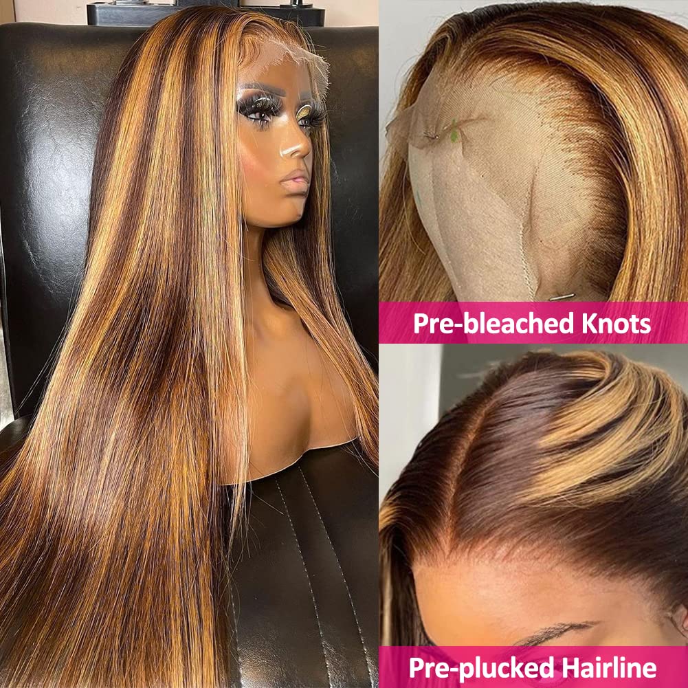 Flady Ombre Lace Front Human Hair Wig - Pre Plucked 4/27 Honey Blonde HD Lace Frontal Wig for Black Women | 150% Density Straight Human Hair Wig | Perfect for Daily Wear, Cosplay & Special Occasions