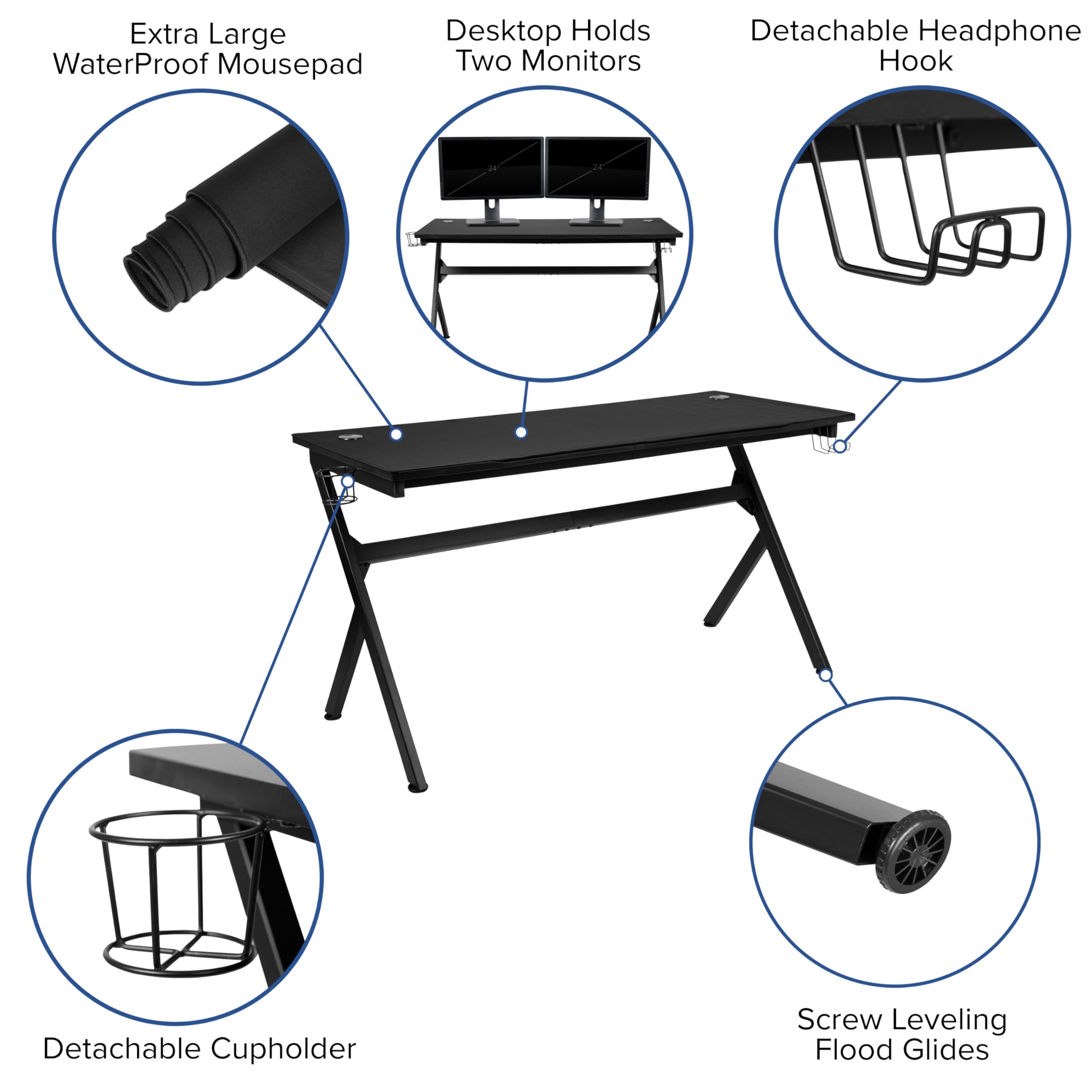 EMMA + OLIVER Black Gray Gaming Desk Bundle with Cup Holder, Headset Stand & Mouse Pad - Ergonomic Computer Desk for PC Gaming Setup, Home Office & Streaming Station