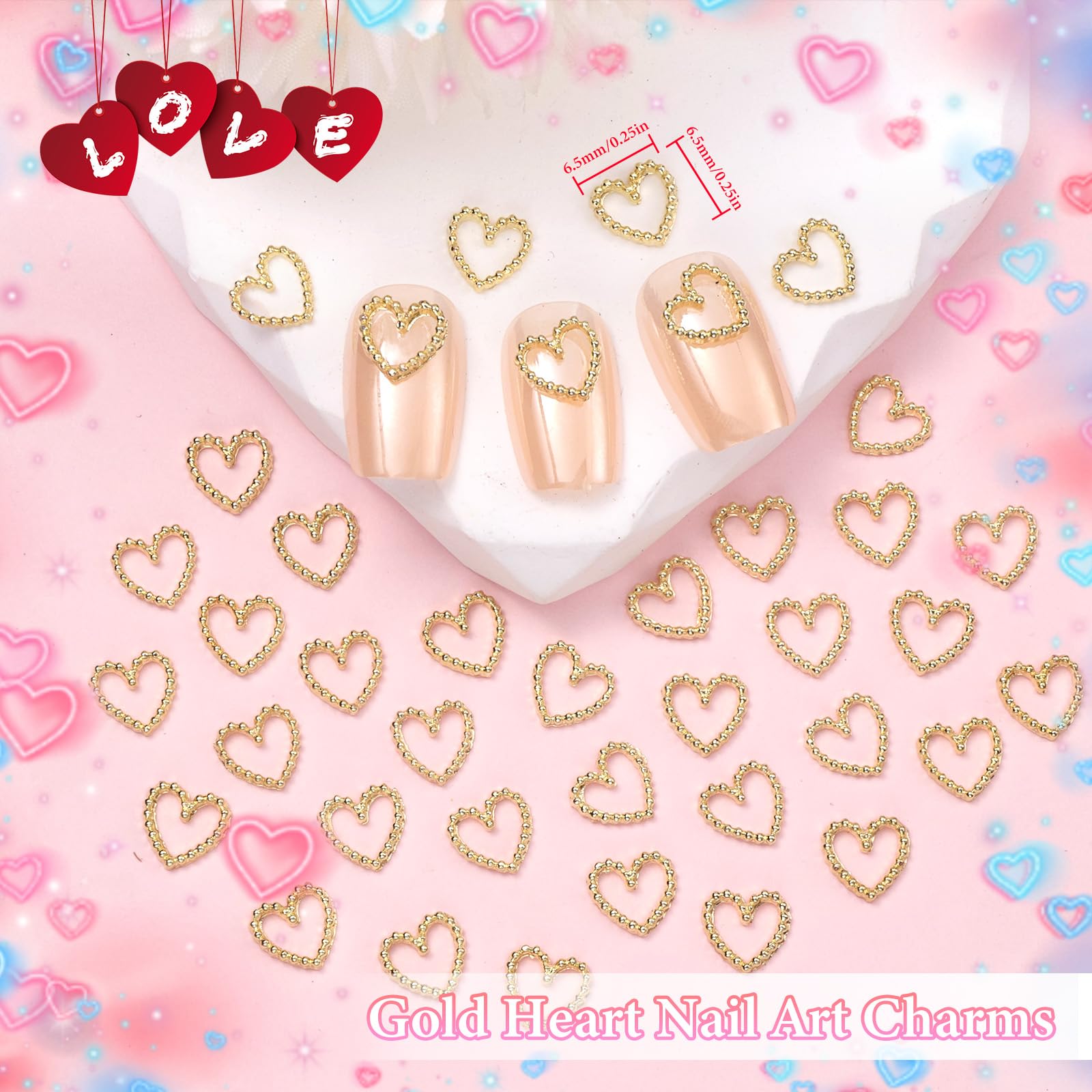 80Pcs Gold & Silver Heart Nail Art Charms - Romantic 3D Alloy Heart Nail Decorations for Women | DIY Nail Art Designs, Wedding & Valentine's Day Nail Accessories