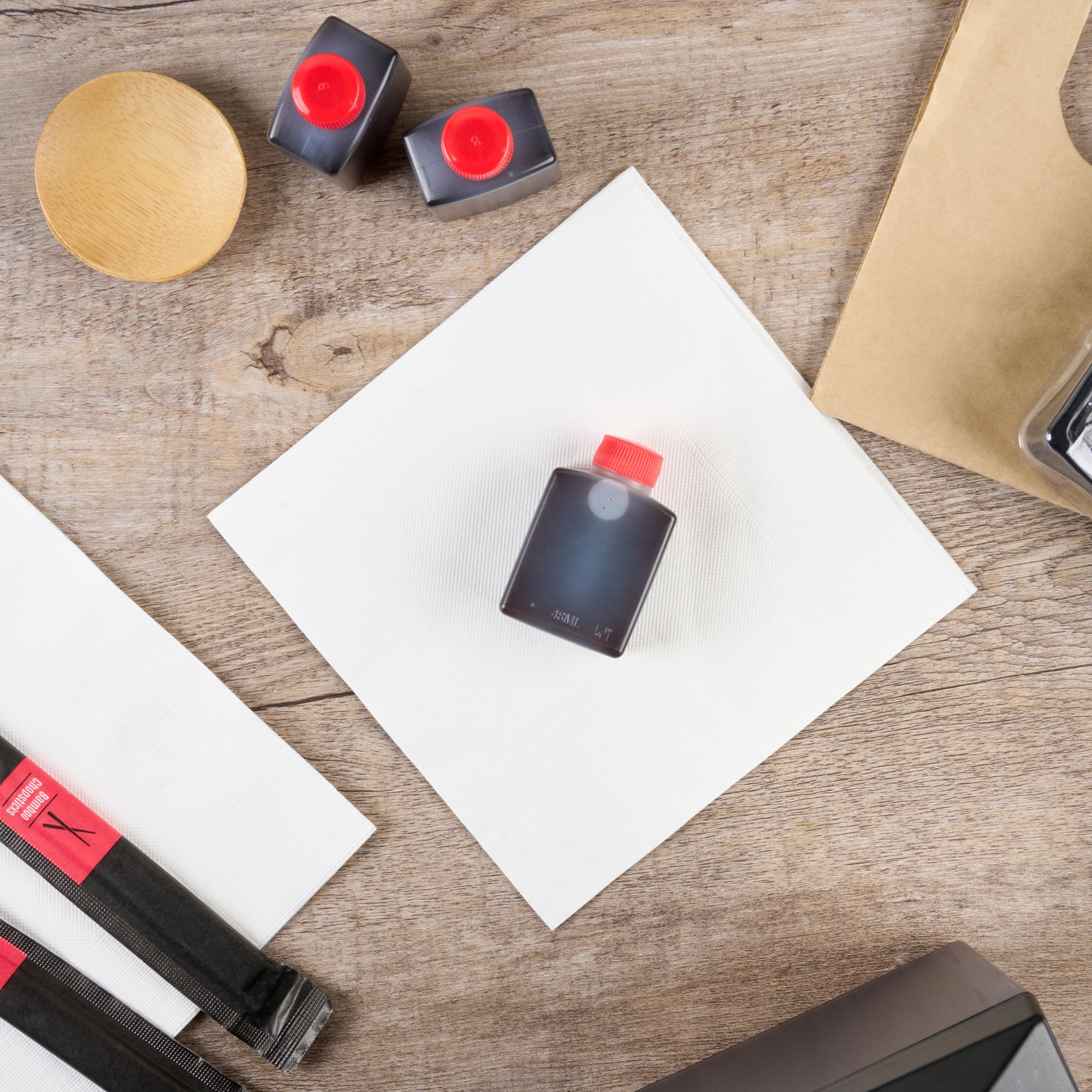 Bento Tek 2 oz Clear Plastic Soy Sauce Bottles with Red Caps - 1.5