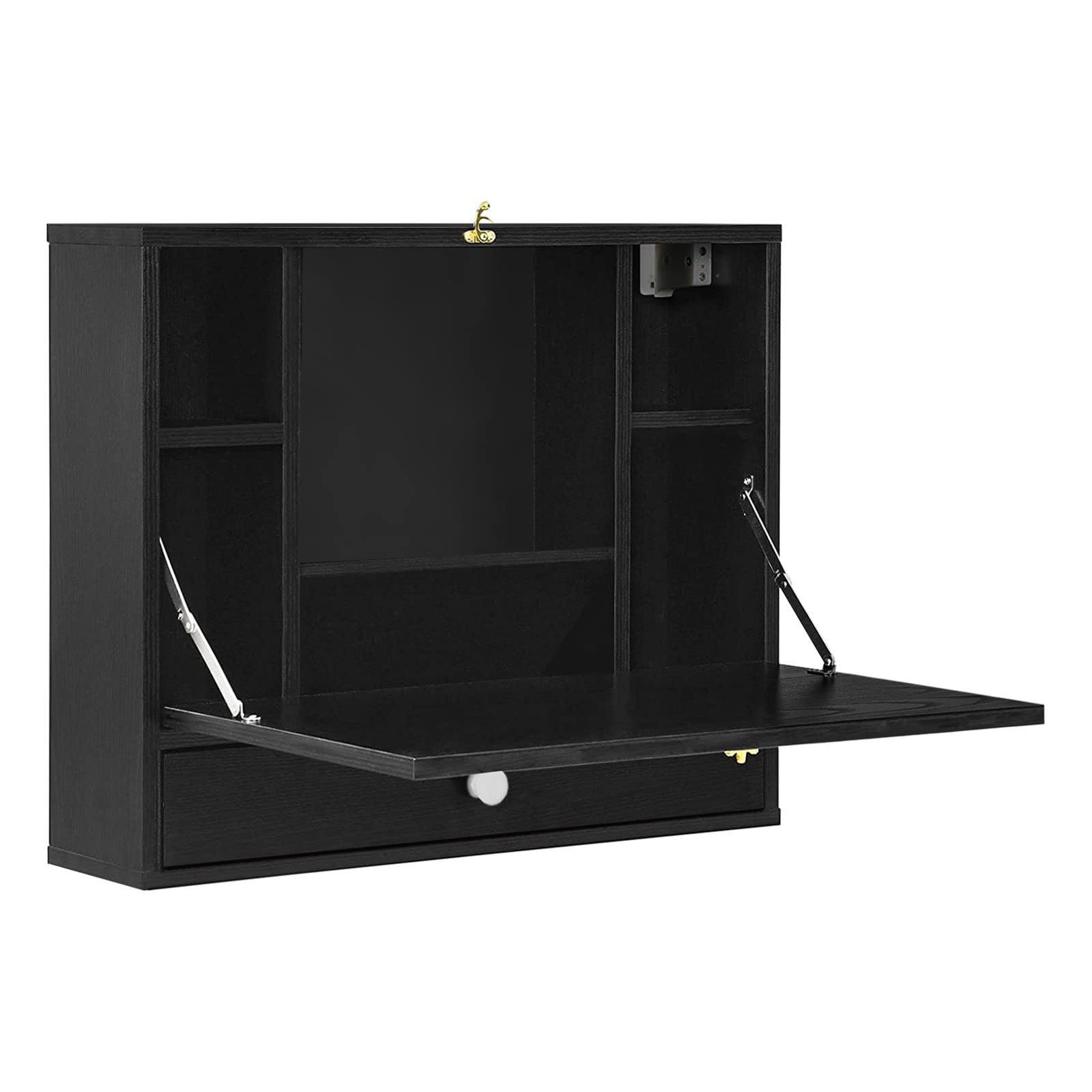 Wall Mounted Folding Laptop Desk with Storage Shelves & Drawer - Space Saving Home Office Desk for Small Spaces, Writing Workstation for Adults (Black, One Size) - Perfect for Apartments, Dorms & Home Offices