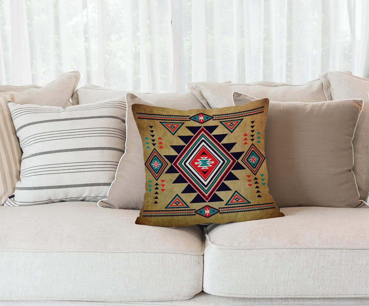 Southwestern Throw Pillow Cover 18x18 Inch - Western Tribal Pattern Linen Cushion Cover for Sofa, Couch & Bed - Boho Home Decor for Living Room, Bedroom & Dorm