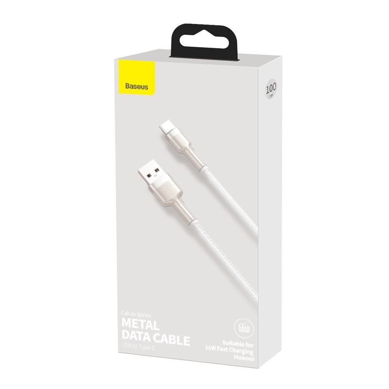 Baseus Cafule Premium 66W Fast Charging Cable 1M USB to Type C Metal White - Perfect for iPhone, Samsung & Android Devices at Home, Office & Travel