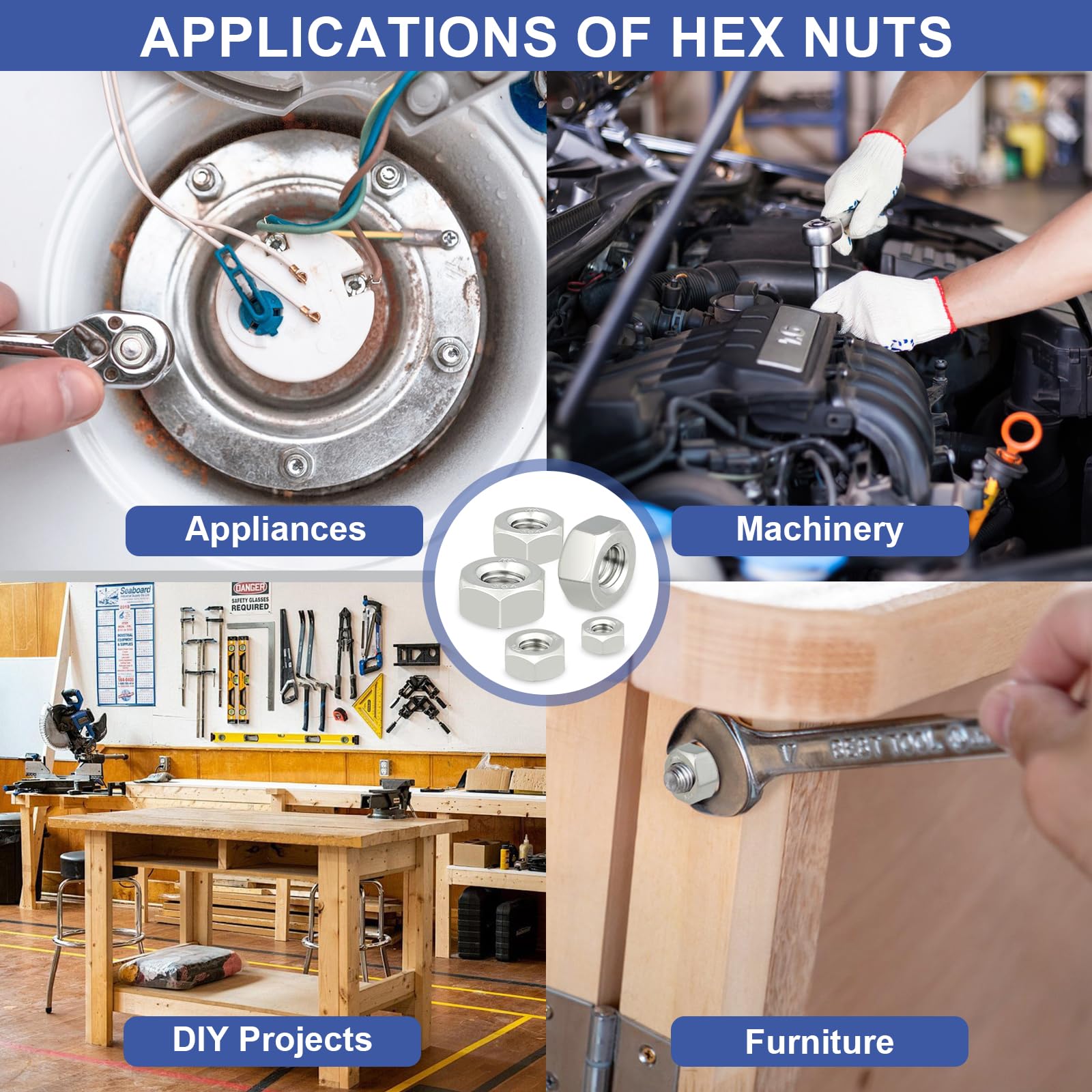 Stainless Steel Hex Nuts M5 (100 Pack) - Coarse Thread External Hexagon Hardware Nuts for Professionals, Repairmen & DIY Projects - Perfect for Furniture Assembly, Machinery Repair & Automotive Maintenance