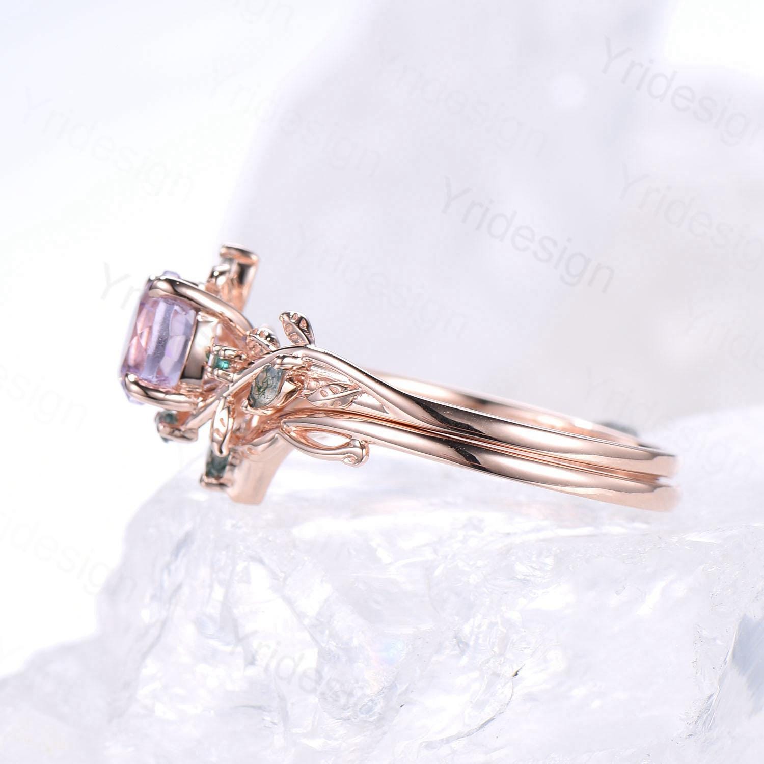 Lavender Amethyst & Green Moss Agate Engagement Ring Set - Rose Gold Stackable Wedding Bands for Women - Nature Inspired Jewelry for Bridal, Anniversary & Everyday Wear
