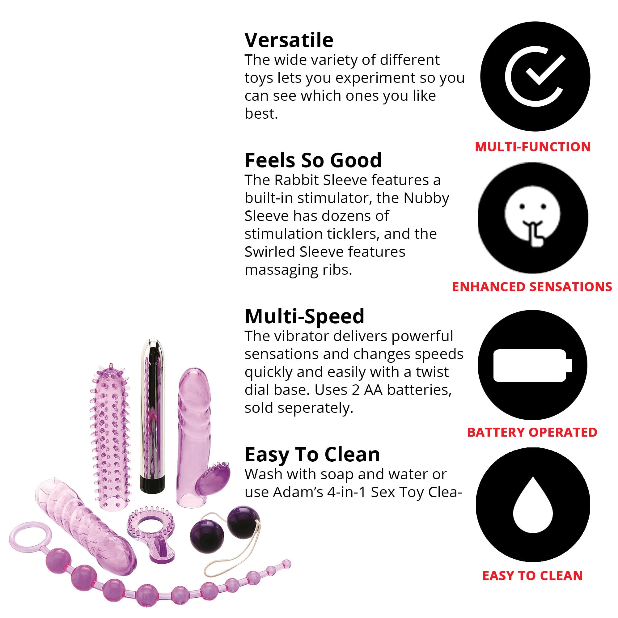 Adam & Eve 7-Piece Couples Sex Toy Set - Vibrator, Rabbit Sleeve, Anal Beads & More | Waterproof & Body-Safe Adult Toys for Couples | Perfect for Romantic Nights & Spicing Up Your Relationship