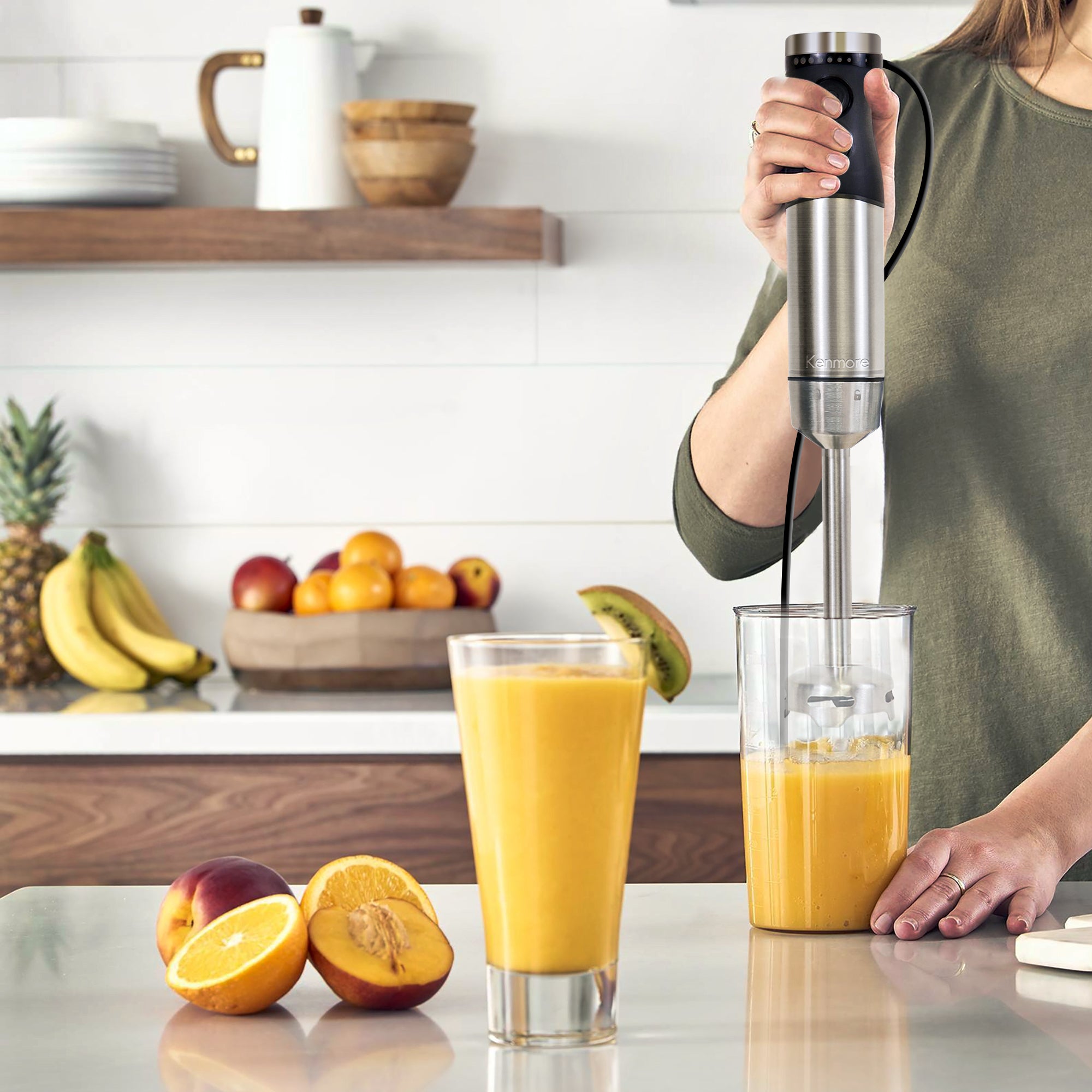 Kenmore Variable Speed Immersion Blender with Food Chopper & Whisk - Powerful 500W Hand Blender with Turbo Pulse Function - Stainless Steel Quad Blades for Smooth Blending - Includes 700mL Mixing Beaker & Storage Lid (Black/Silver) - Perfect for Smoothies, Soups, Baby Food & Baking