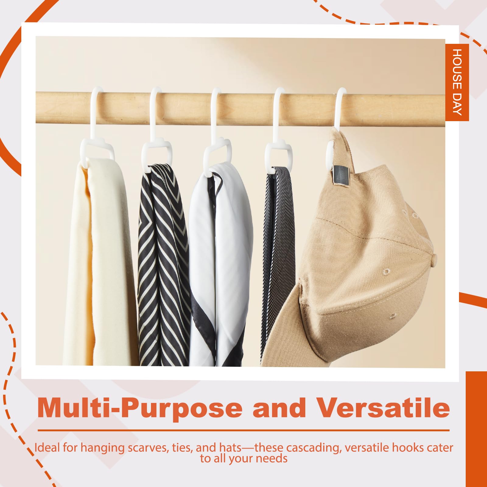 HOUSE DAY 12-Pack Tie and Scarf Hangers - Space-Saving Closet Organizer for Neckties, Scarves & Accessories | Durable Plastic Hanging Storage Hooks | Perfect for Home, Office & Travel Wardrobe Organization (White)