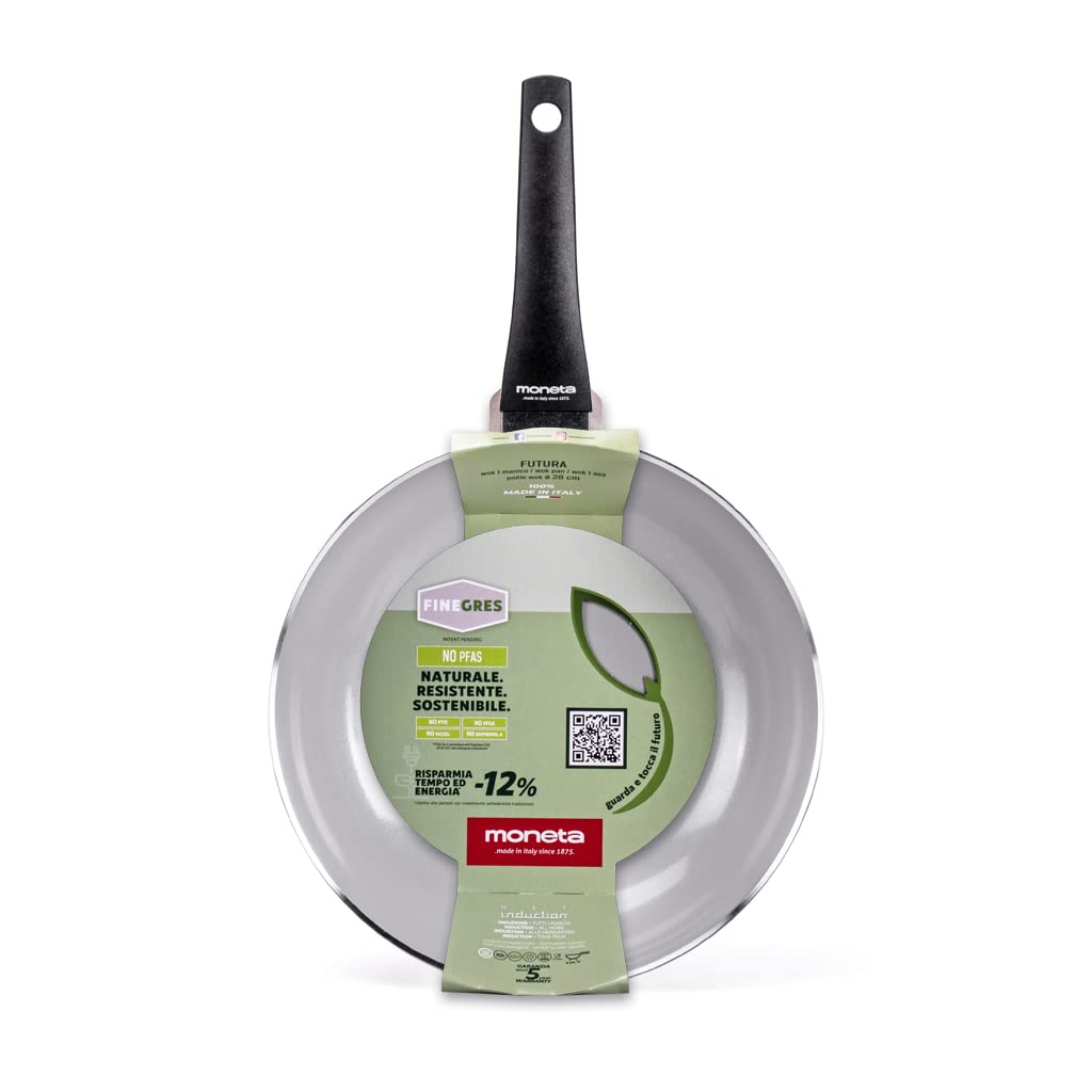 Moneta Futura 28cm Natural Finegres Non-Stick Wok Pan - Induction Compatible, Italian Made - Perfect for Stir-Frying, Sautéing & Asian Cooking