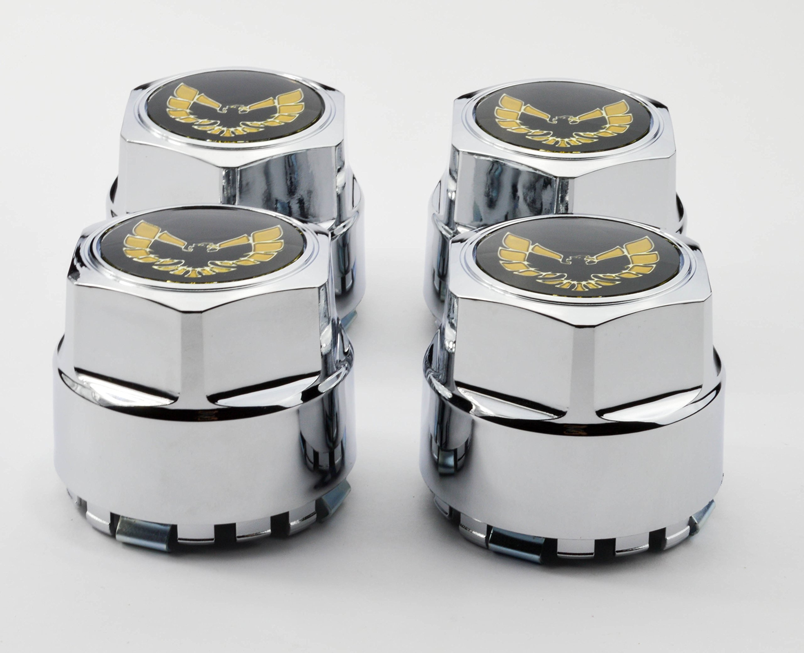 Set of 4 New 77-81 Pontiac Firebird Trans Am TA Snowflake Turbo Wheel Chrome Center Caps with Gold Bird - Perfect for Classic Car Restoration & Vintage Auto Enthusiasts