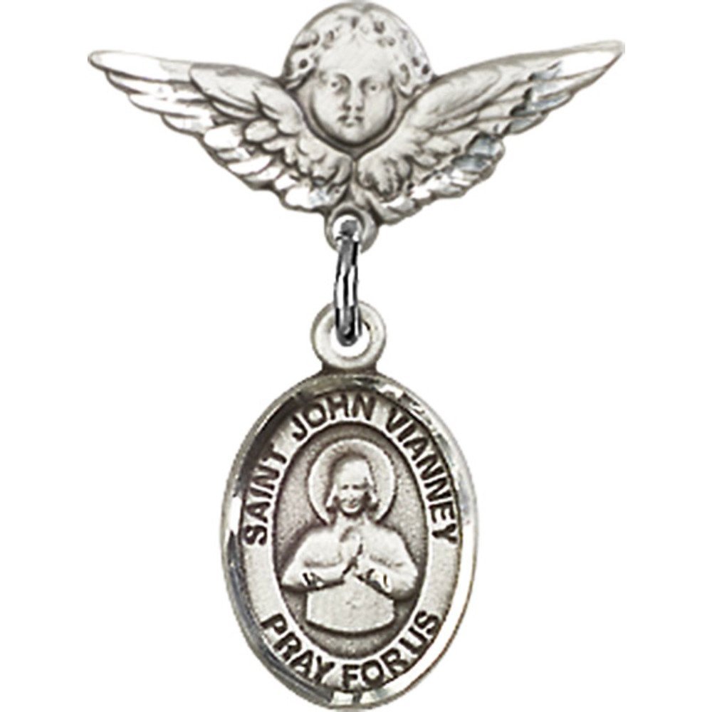 St. John Vianney Sterling Silver Baby Badge with Angel Wing Charm - 7/8
