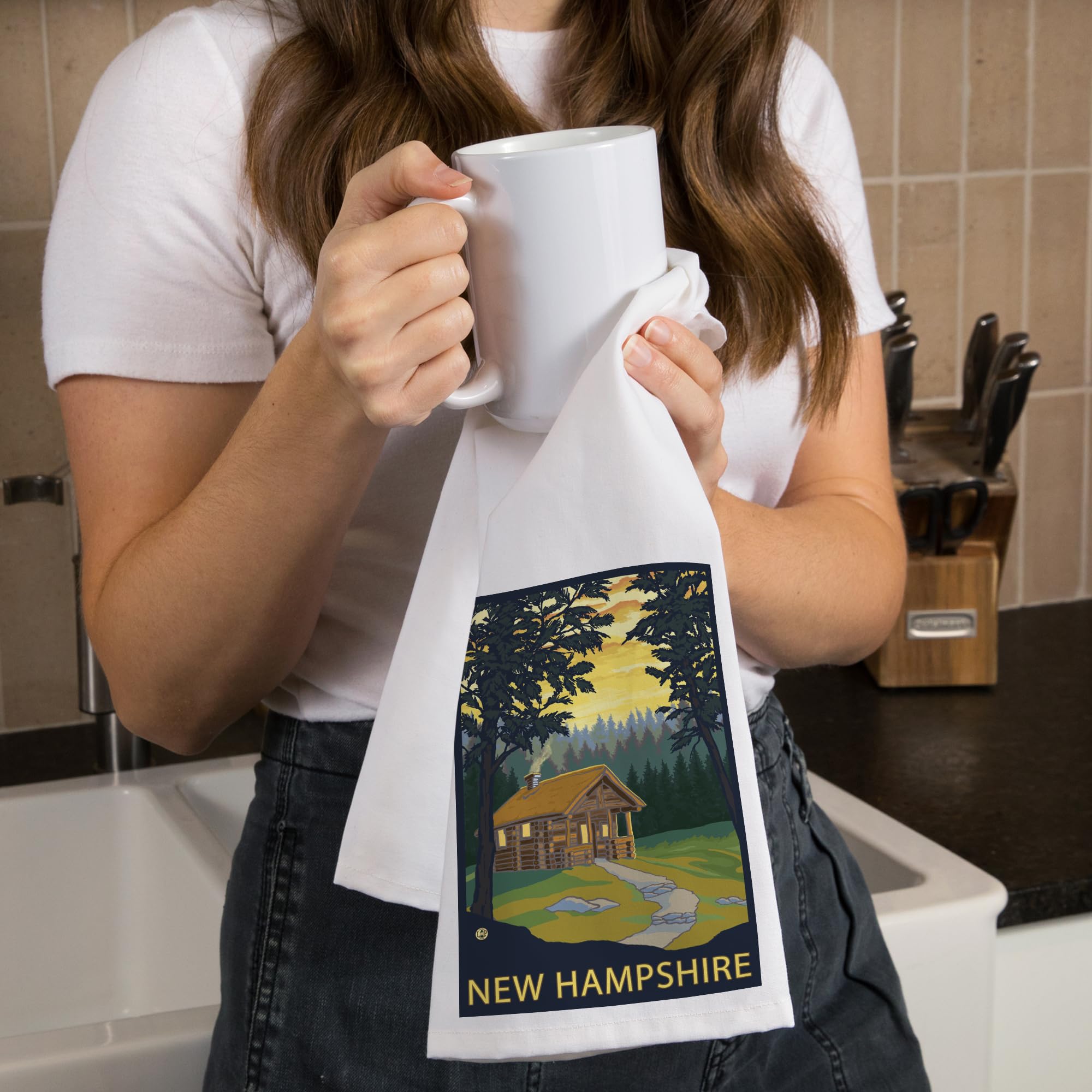 Lantern Press New Hampshire Cabin Scene Tea Towel - 100% Cotton Decorative Hand Towel for Kitchen & Home Decor | Perfect for Gifts, Farmhouse Style, and Cozy Cabin Vibes