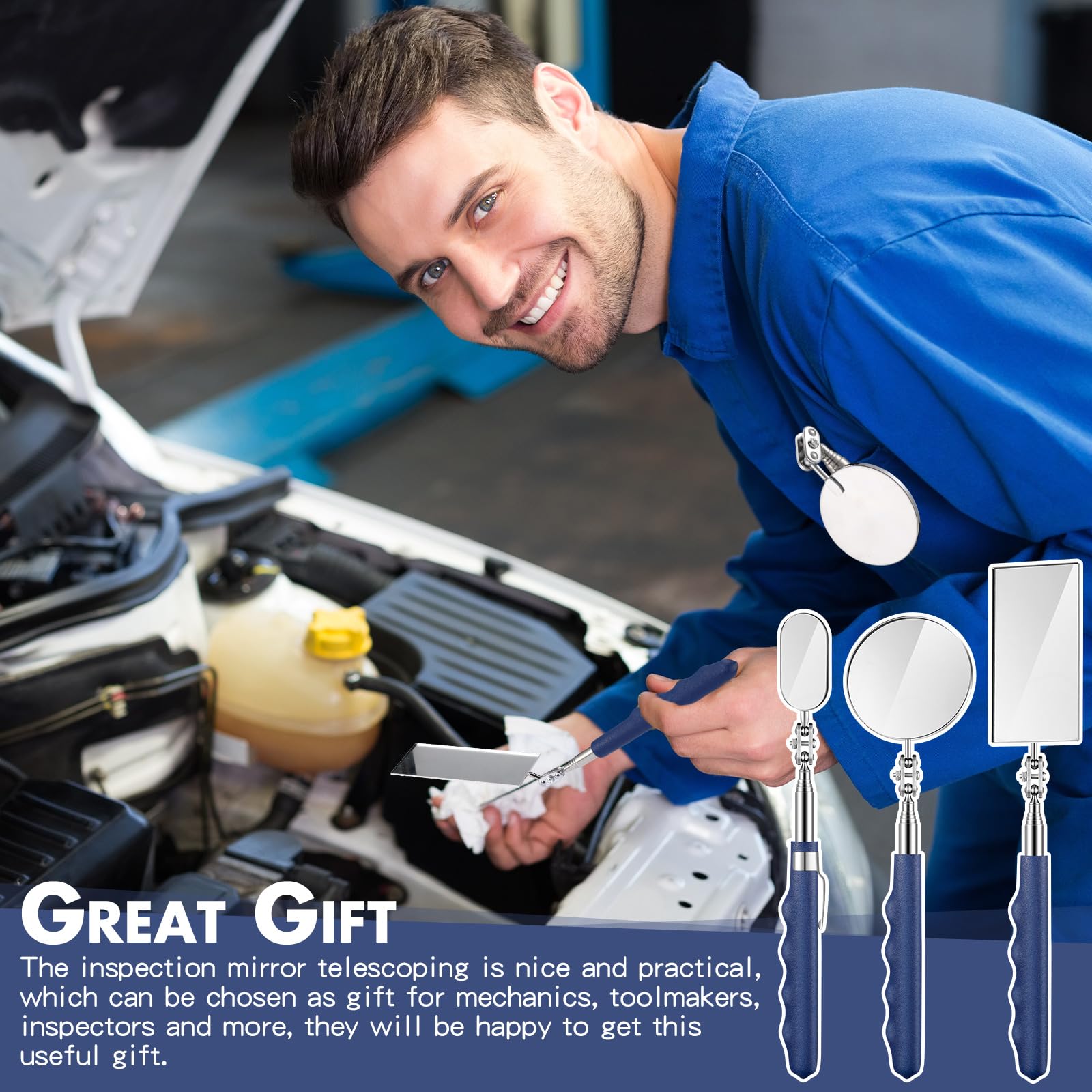 3-Piece Telescoping Inspection Mirror Set - Stainless Steel Extendable Mechanic Mirror with Long Handle for Technicians, Mechanics & Contractors (Oval, Square, Round) - Perfect for Automotive Repair, HVAC Maintenance & Hard-to-Reach Area Inspections