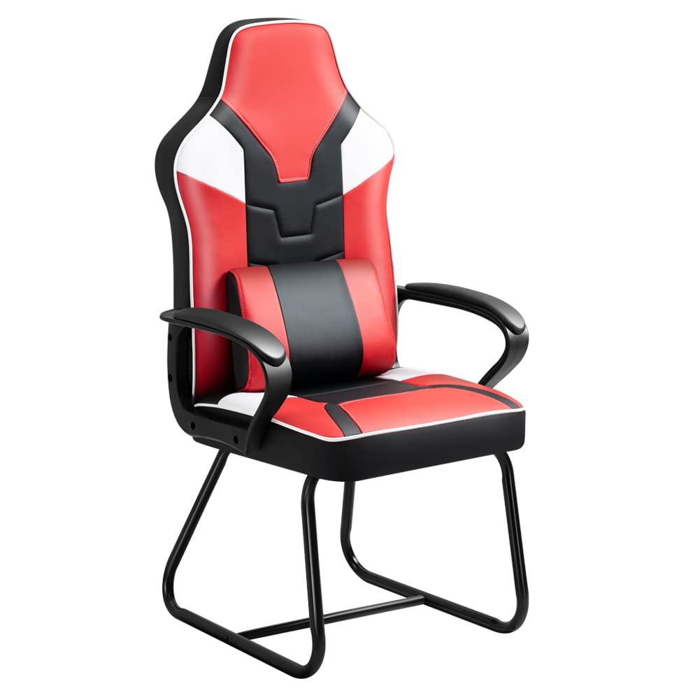 Ergonomic No-Wheels Office Chair with Arms - Sturdy Guest Chair for Home, Office & Gaming - Comfortable Desk Chair in Red for Workspace & Study