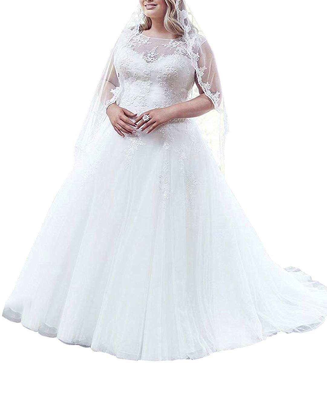 Mulanbridal Plus Size Wedding Dress for Women - Elegant Jewel Lace Applique Bridal Gown with Chapel Train | Perfect for Church Weddings, Formal Ceremonies & Bridal Portraits