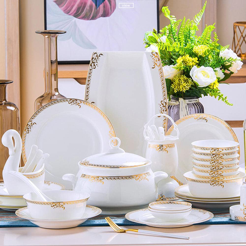 60-Piece Jingdezhen Porcelain Dinnerware Set - Elegant Ceramic Plates, Bowls & Dishes for Dining, Salad, Kitchen & Tableware | Perfect for Restaurants, Home Use & Gifts