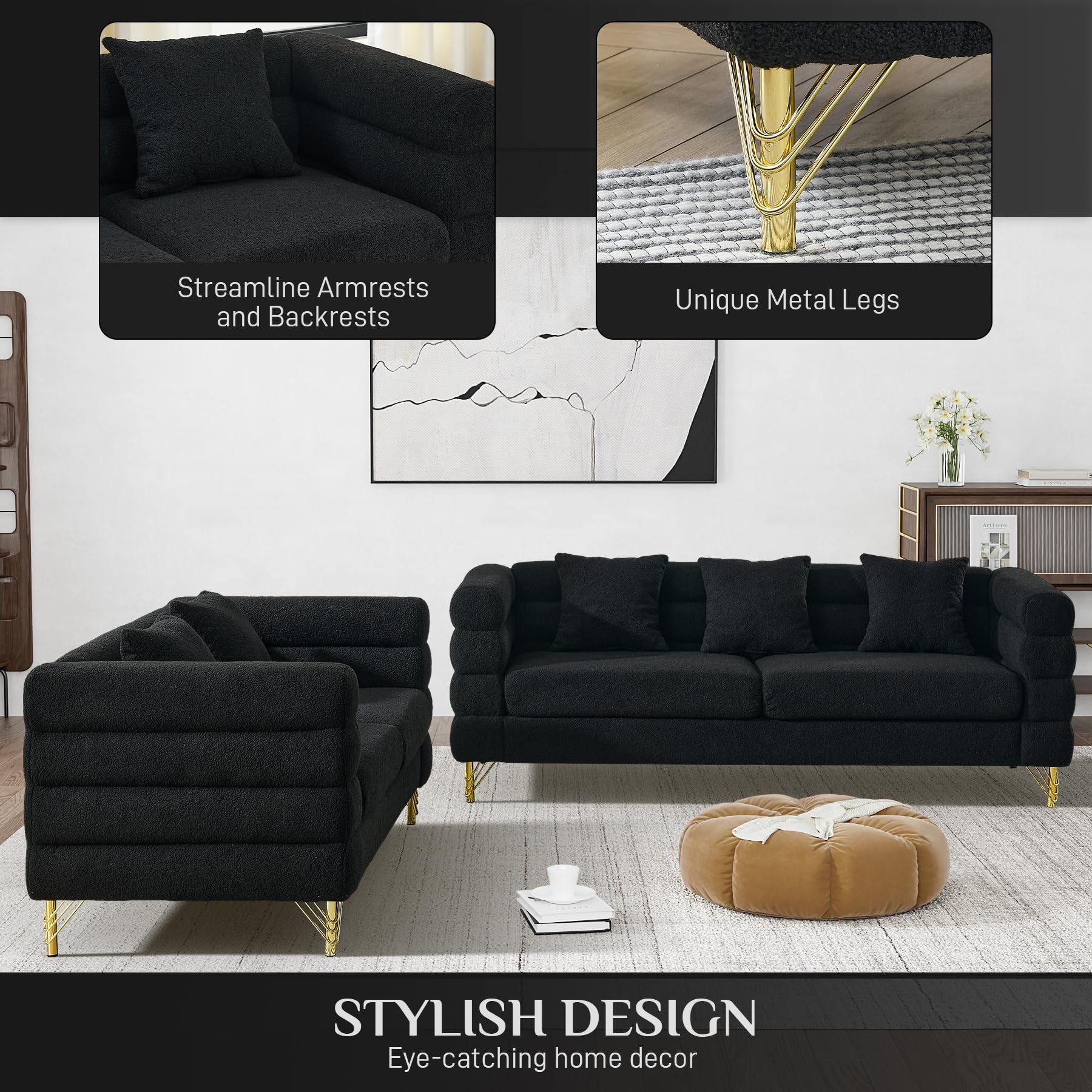 Modern Overstuffed Boucle Sherpa Deep Seat Cloud Couch & Loveseat Set with 5 Pillows - Oversized Chesterfield Sofa for Living Room, Bedroom - Black Teddy Fabric - Perfect for Cozy Lounging, Movie Nights & Small Space Decor