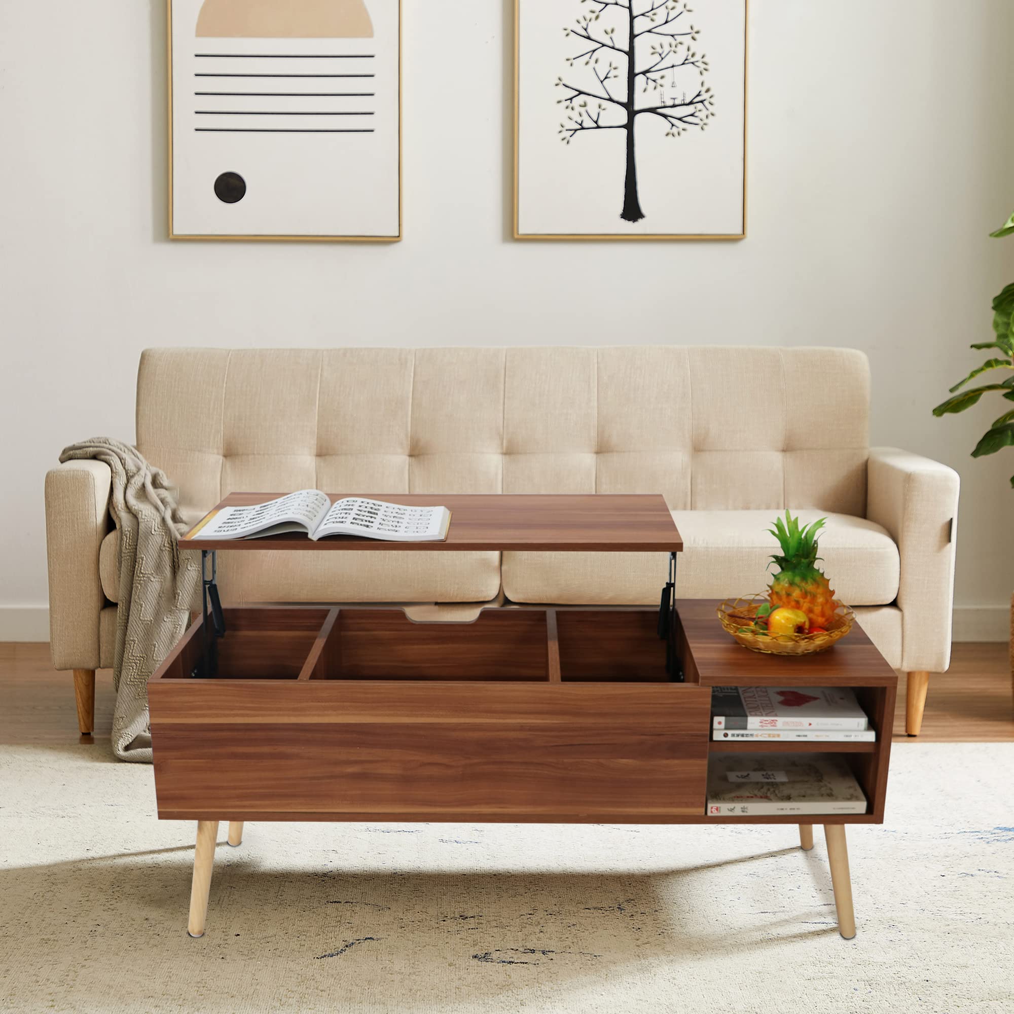 Lift Top Coffee Table with Storage - Brown Wooden Farmhouse Style Living Room Coffee Table for Home Decor, Rustic End Table with Hidden Compartment | Perfect for Small Spaces, Apartments & Cozy Living Rooms