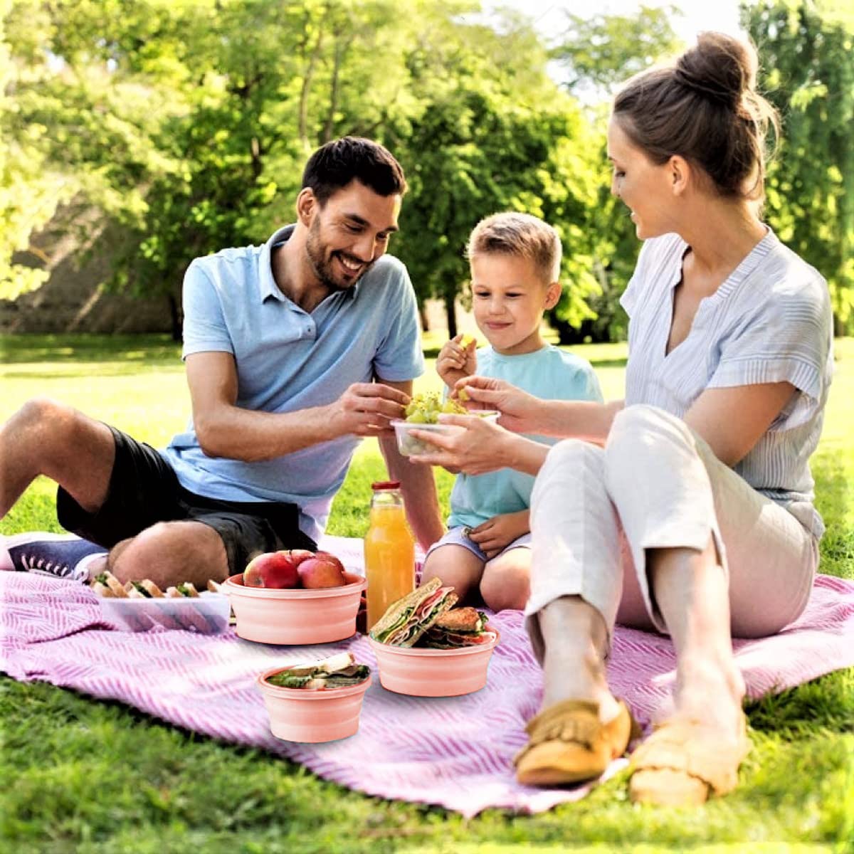 Collapsible Silicone Bowls for Camping - Set of 4 Round BPA-Free Food Storage Containers with Lids | Microwave, Freezer & Dishwasher Safe | RV Kitchen Organization & Travel Accessories | Perfect for Picnics, Hiking & Outdoor Dining (Pink)