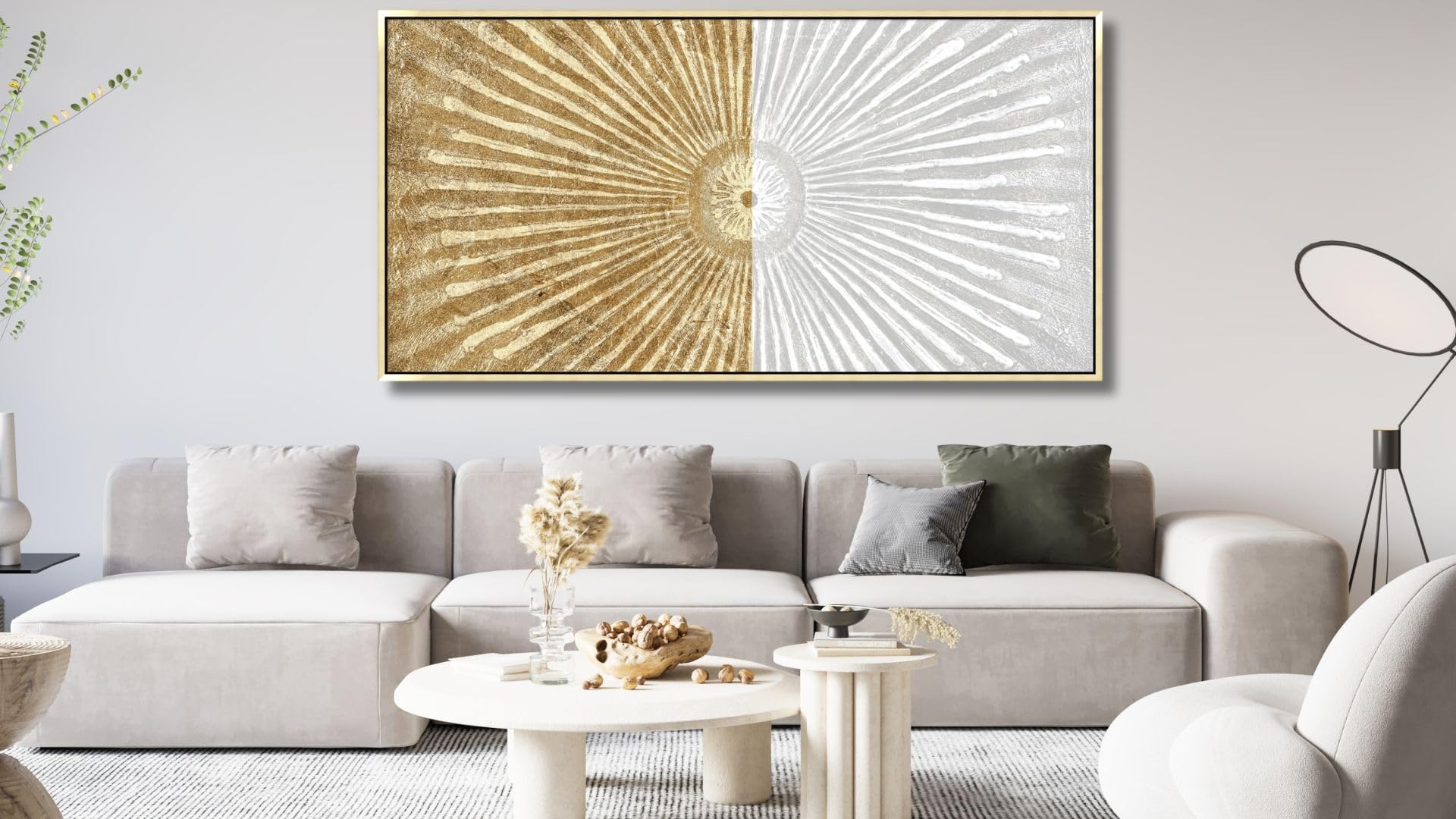 Abstract Modern White & Gold Symmetrical Line Framed Canvas Wall Art - 24
