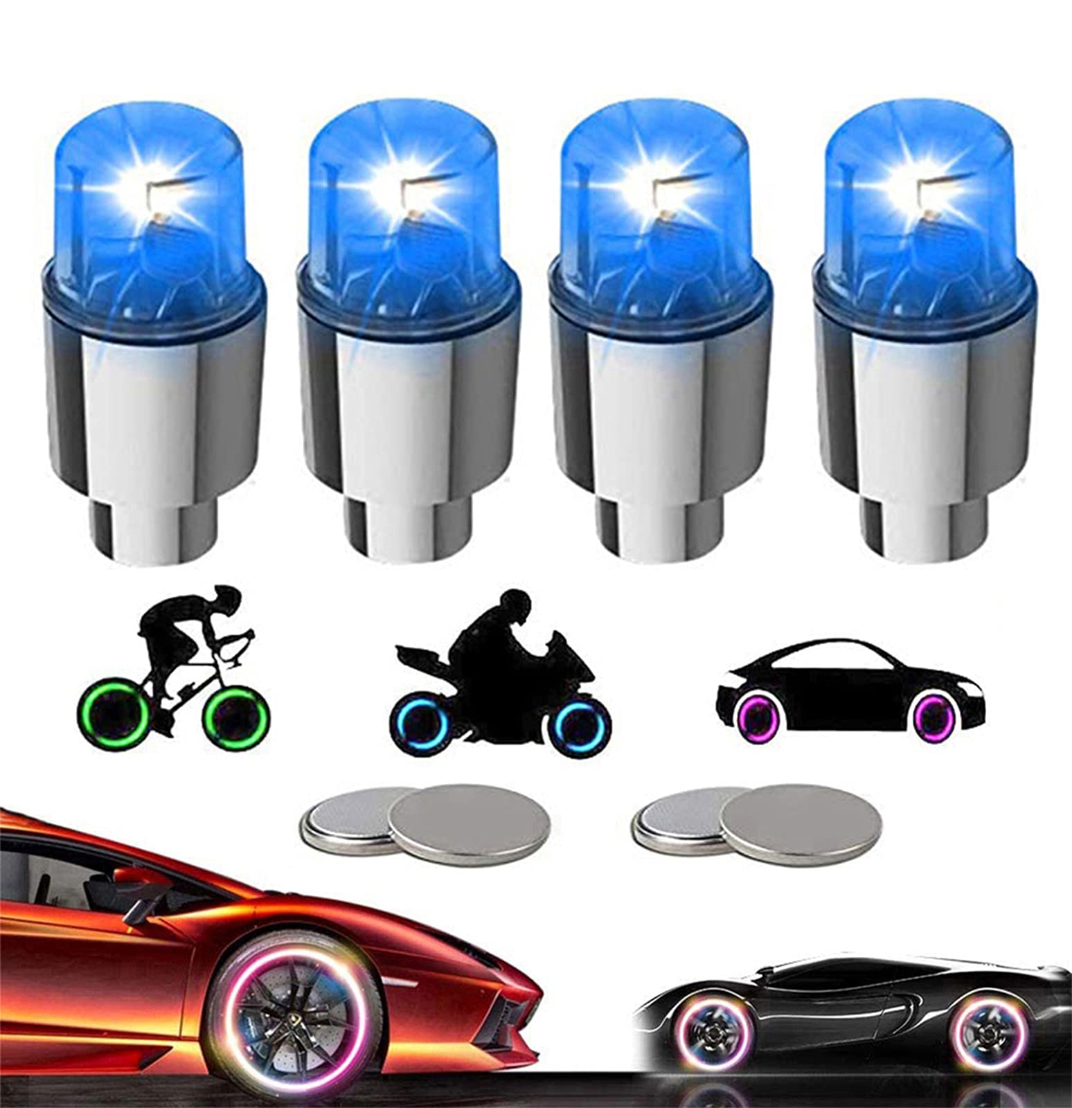 4 Pack LED Tire Valve Stem Lights for Cars, Trucks, Bikes, Motorcycles & Golf Carts - Waterproof Wheel Spoke Lights with 10 Extra Batteries (Blue) - Perfect for Night Rides, Kids Safety & Vehicle Customization
