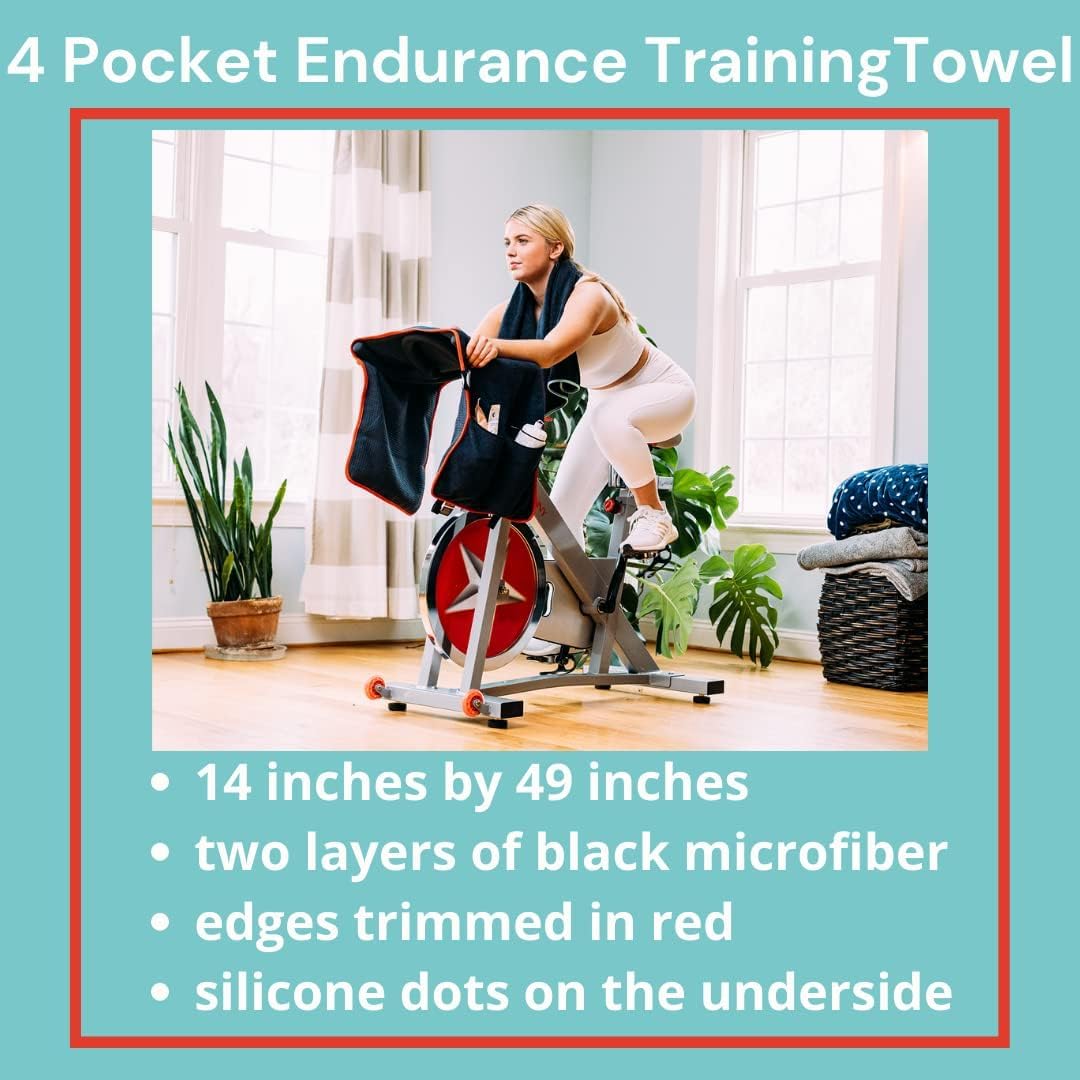 Best Sweat Protection Towel for Peloton & Echelon Bikes - Absorbent Handlebar Towel with 4 Pockets for Water Bottle & Phone - Perfect for Indoor Cycling, Bike Trainer Stands & Intense Workouts