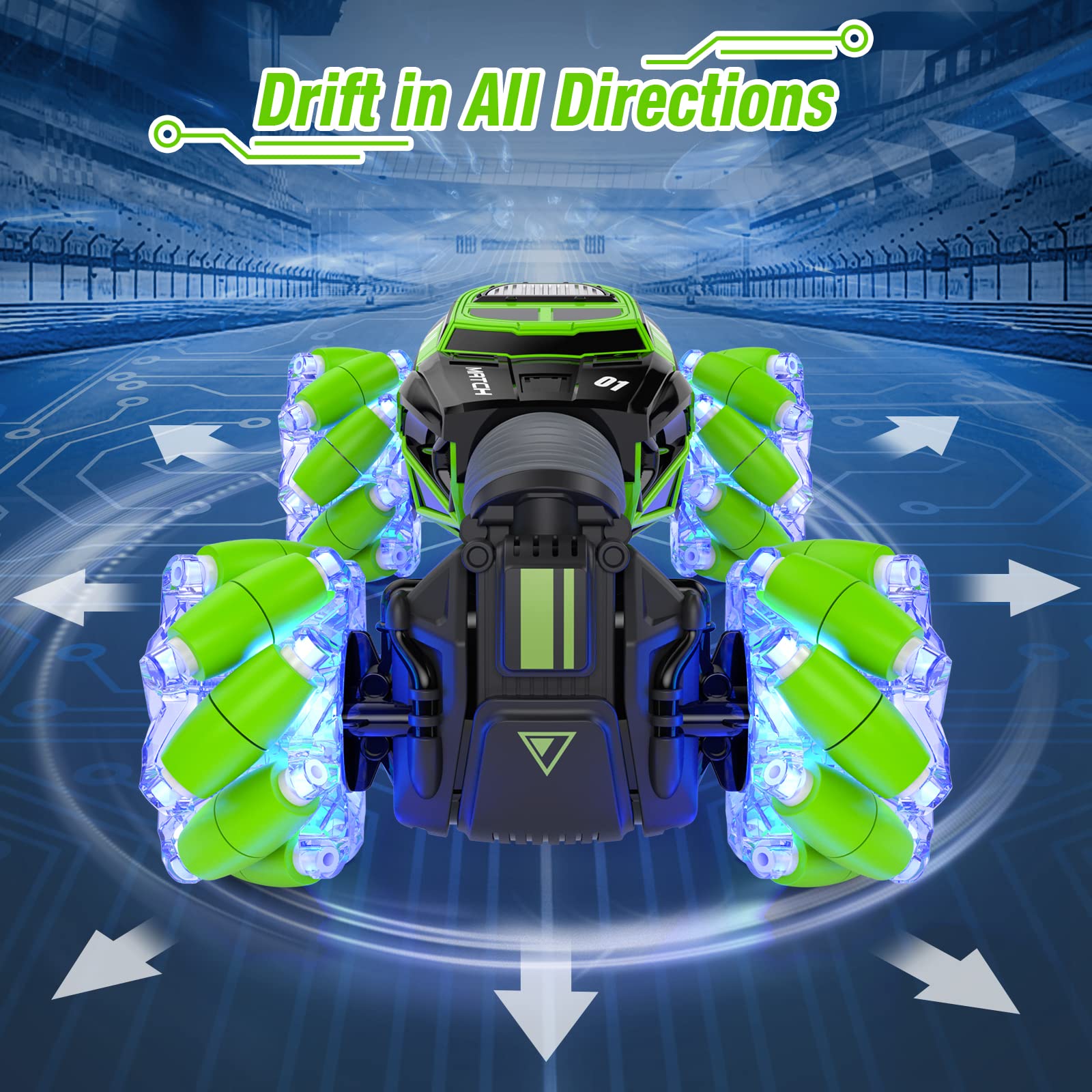PowerExtra 4WD LED Gesture Remote Control RC Car - 360° Rotating Off-Road Stunt Car with Lights, Transformable Toy Car for Boys & Girls Ages 6-12 | Birthday Gifts, Indoor/Outdoor Play, Racing Competition