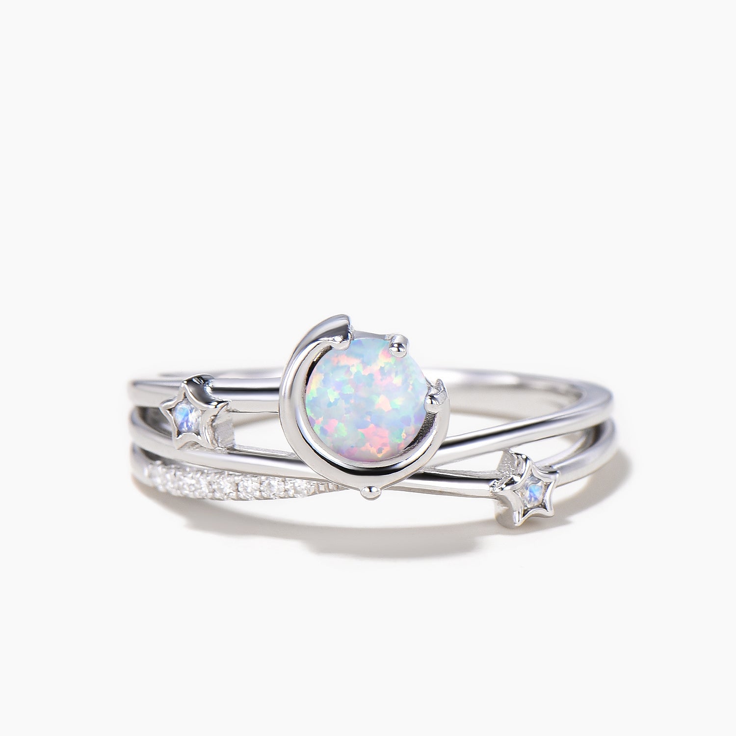 Round Cut White Opal Moon Star Engagement Ring - Twisted Diamond Wedding Band for Women | Perfect for Proposals, Anniversaries & Romantic Occasions