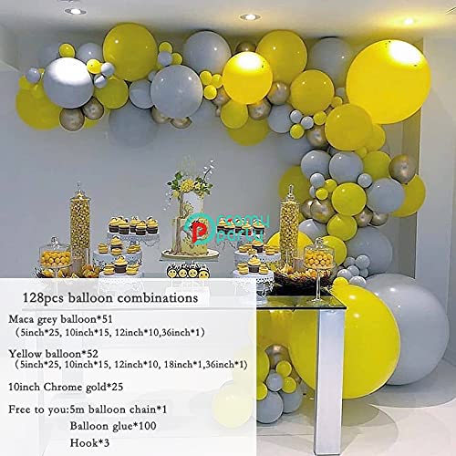 128-Piece Gray & Yellow Balloon Garland Arch Kit - Macaron Gray, Chrome Gold & Yellow Balloons for Party Decor, Baby Shower, Birthday, Bridal Shower & Wedding Backdrop Decorations