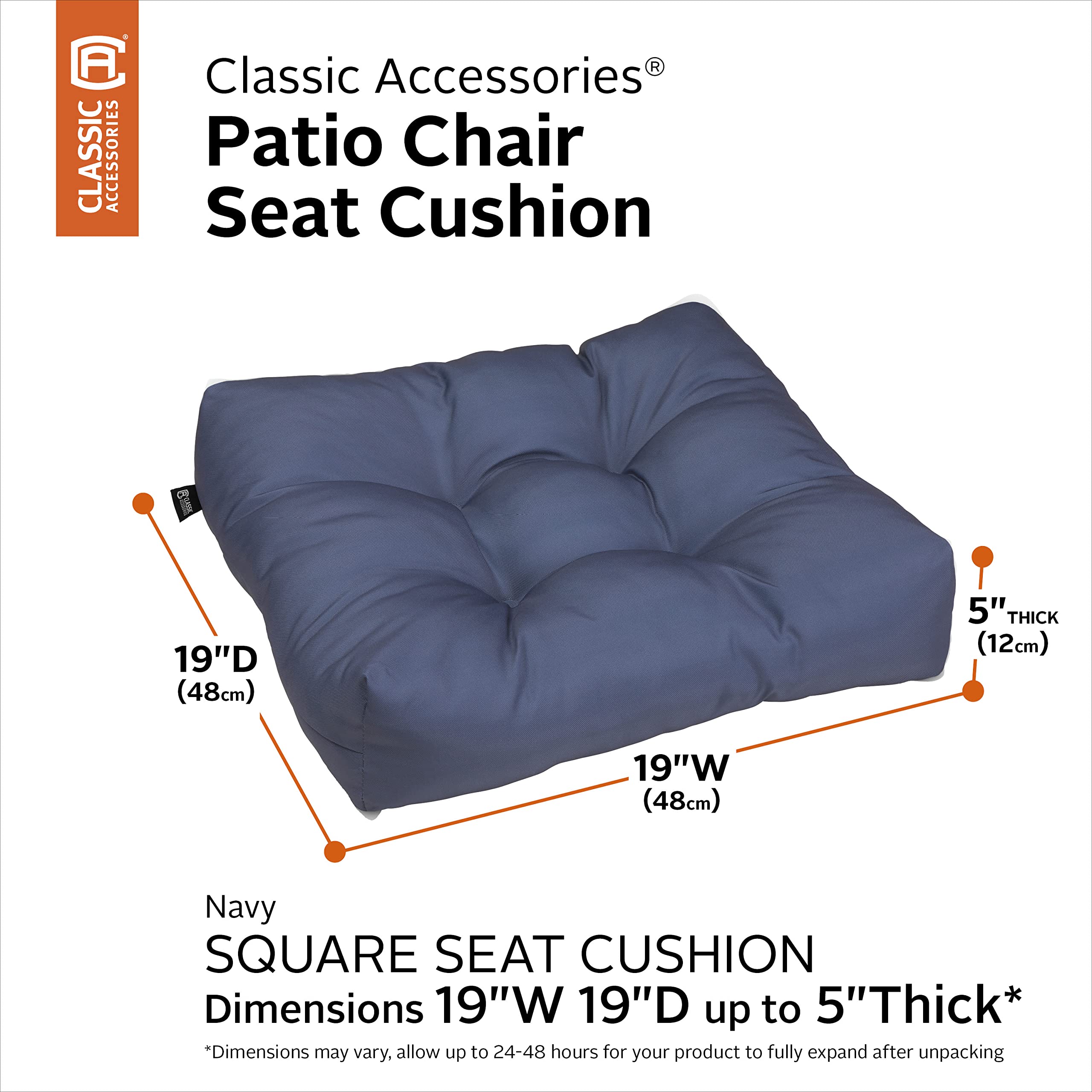 Waterproof 19x19x5 Inch Square Outdoor Seat Cushions - 2 Pack Navy Blue Patio Furniture Cushions - All-Weather Resistant for Deck Chairs, Porch Swing & Garden Bench