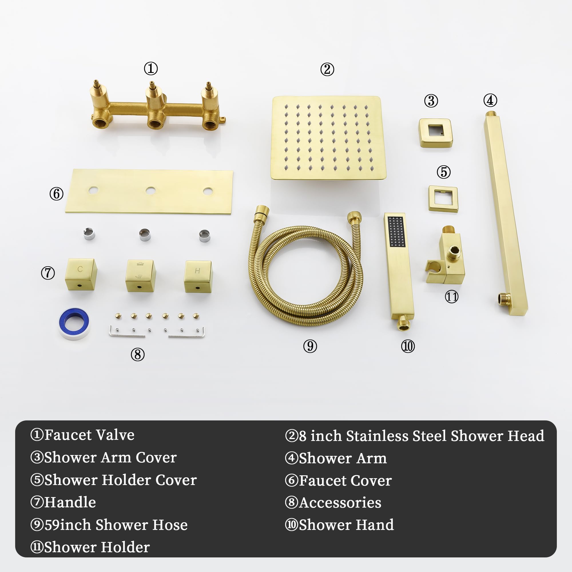 SKOWLL 8 Inch Rainfall Shower System - Brushed Gold Wall Mounted Shower Head with Pressure Balancing Mixer Valve | Solid Brass Construction | Perfect for Luxurious Spa-Like Bathroom Experience