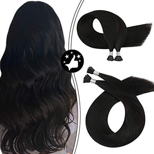 Moresoo 24 Inch I-Tip Human Hair Extensions - 100% Natural Straight Hair, #1B Off Black, 50g/100s Pack | Perfect for Length & Volume, Styling, Parties & Daily Wear
