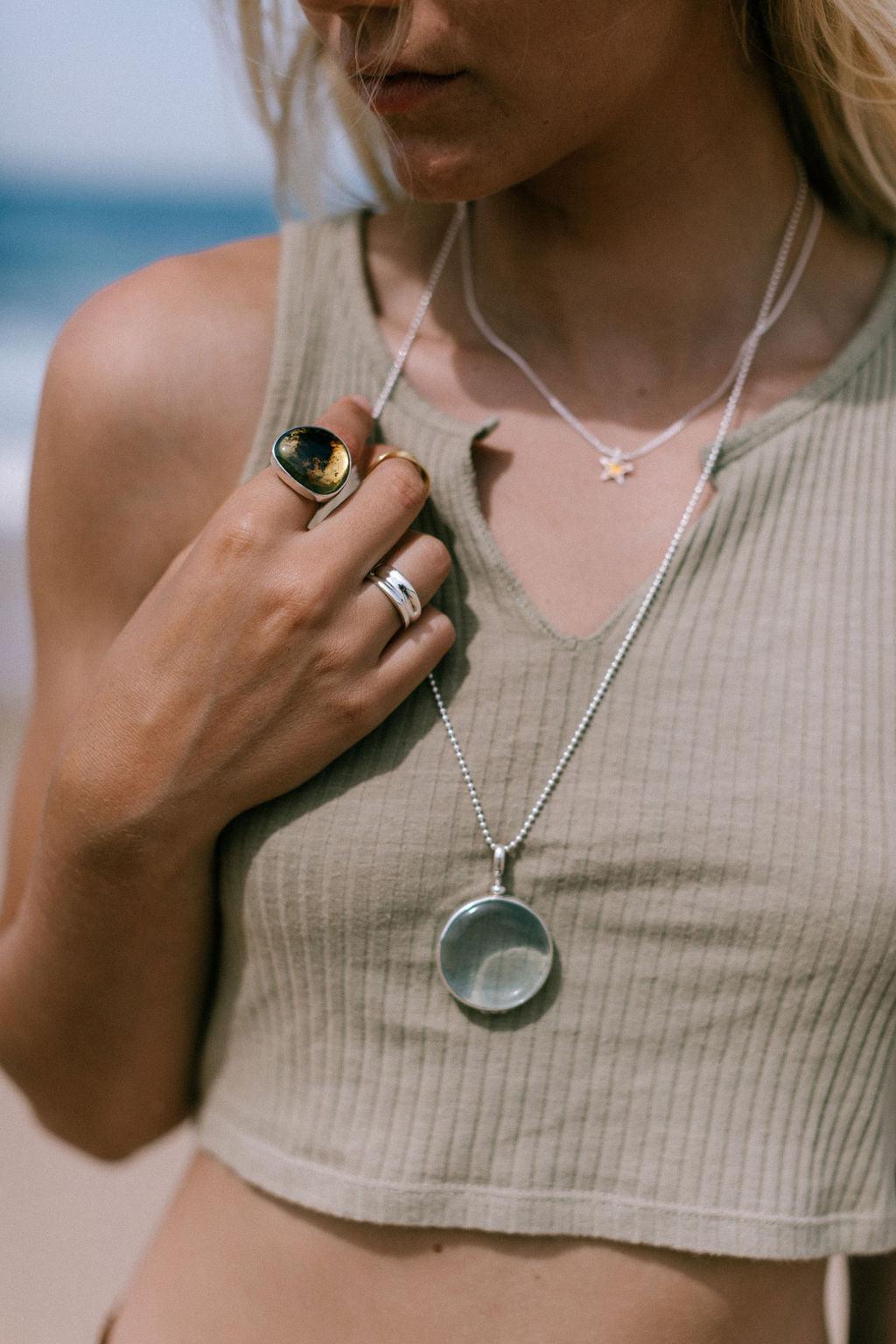 Large Circle Resin Locket Pendant on 70cm Ball Chain - Sterling Silver Jewelry for Women, Gift for Her, Birthday, Anniversary, Valentine's Day