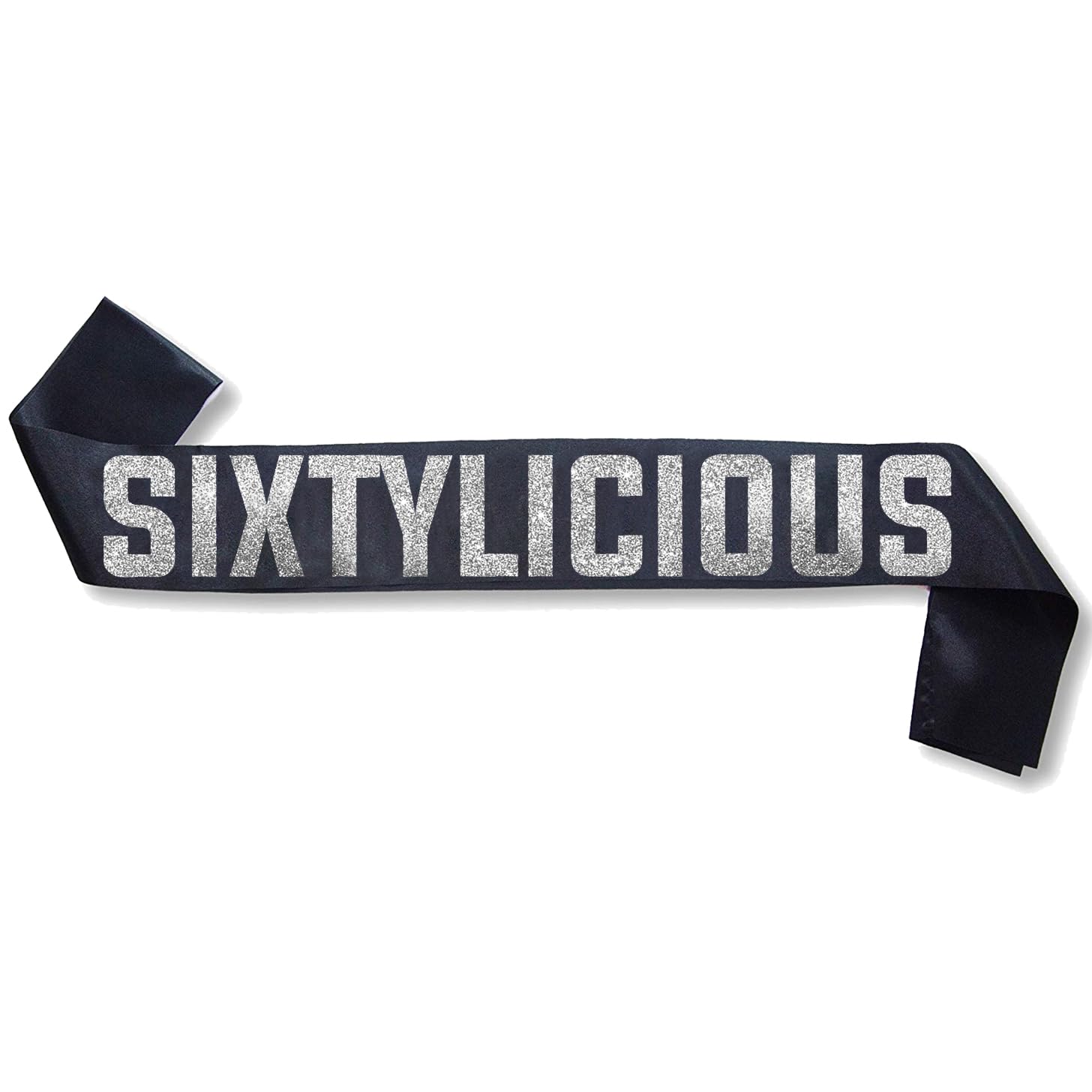 Sixtylicious Black and Silver Glitter Satin Sash - Happy 60th Birthday Party Decorations, Supplies & Gift Ideas for Women | Perfect for Milestone Celebrations, Themed Parties & Photo Props