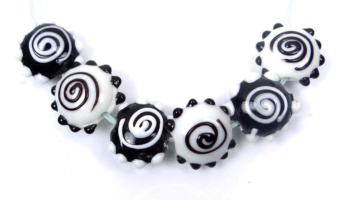 Handmade Lampwork Glass Black White Spiral Lentil Beads 20mm - Jewelry Making Supplies for DIY Bracelets, Necklaces & Crafts - Perfect for Boho, Hippie & Fashion Jewelry Designs