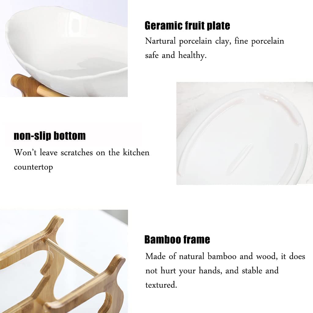 3-Tier Ceramic Fruit Bowl with Bamboo Stand - Large Capacity Serving Tray for Fruits, Vegetables, Snacks & Candy - Elegant Party Wedding Decor (White) | Perfect for Dining Table Centerpiece, Buffet Display & Kitchen Storage