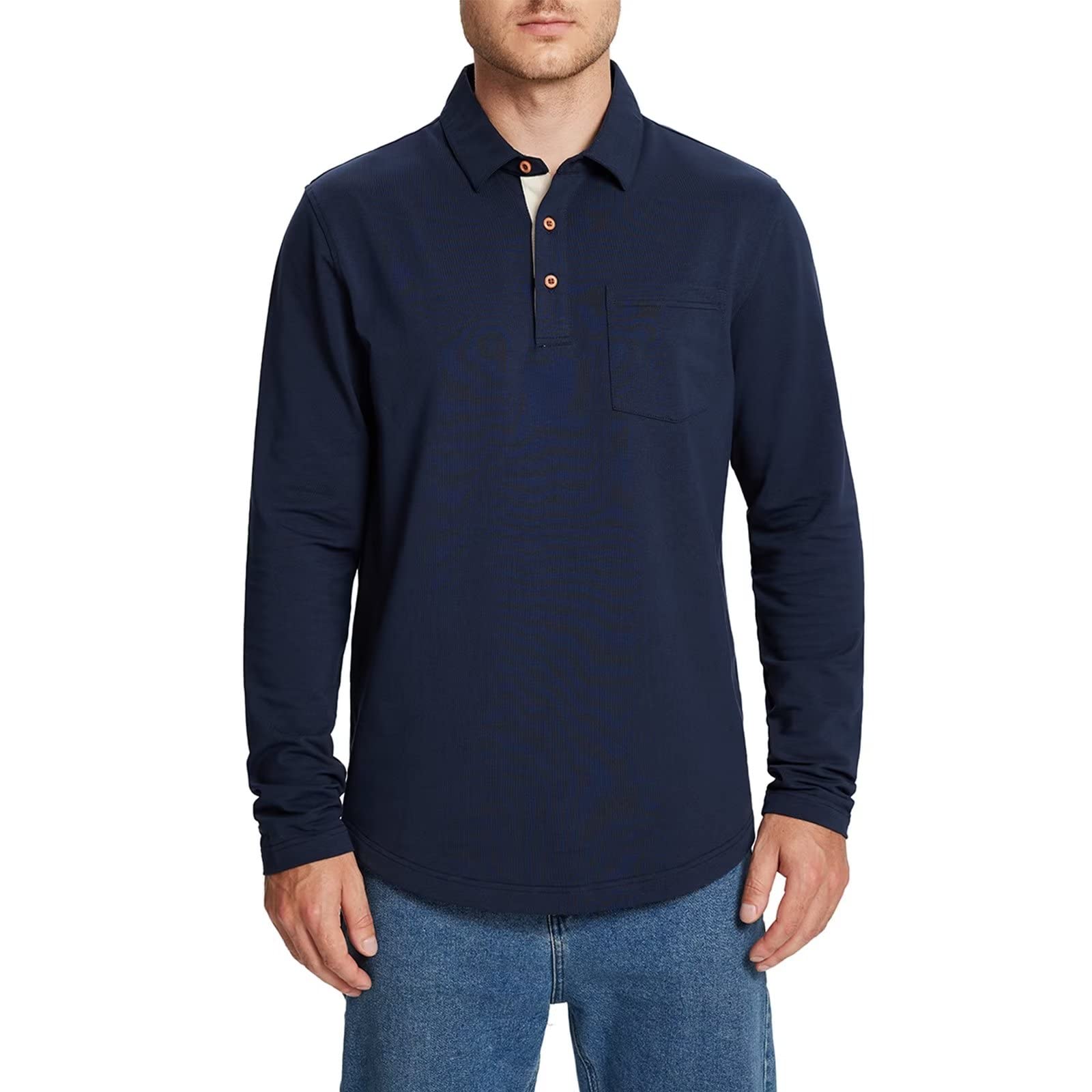 Men's Long Sleeve Polo Shirts with Pocket - Casual Solid Cotton Blend Drop Cut Collar Shirts for Men | Office Wear, Golf Outfits & Smart Casual Dressing
